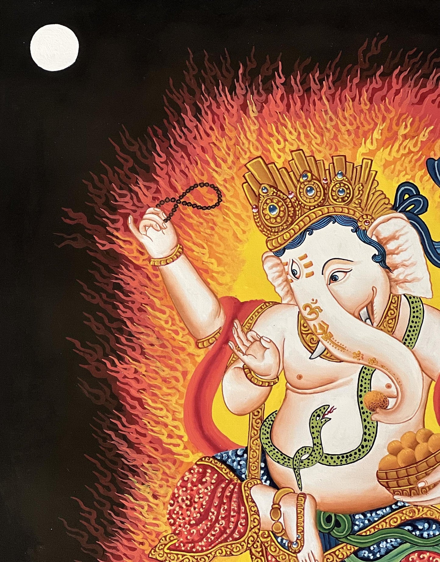 Hand-painted Newari Ganesha Thangka Painting with Silk Brocade