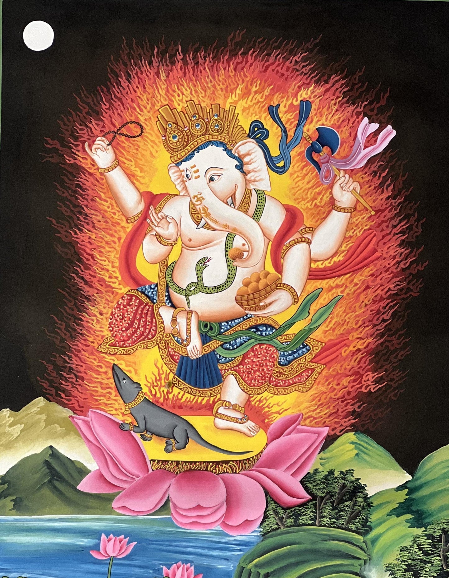Hand-painted Newari Ganesha Thangka Painting with Silk Brocade