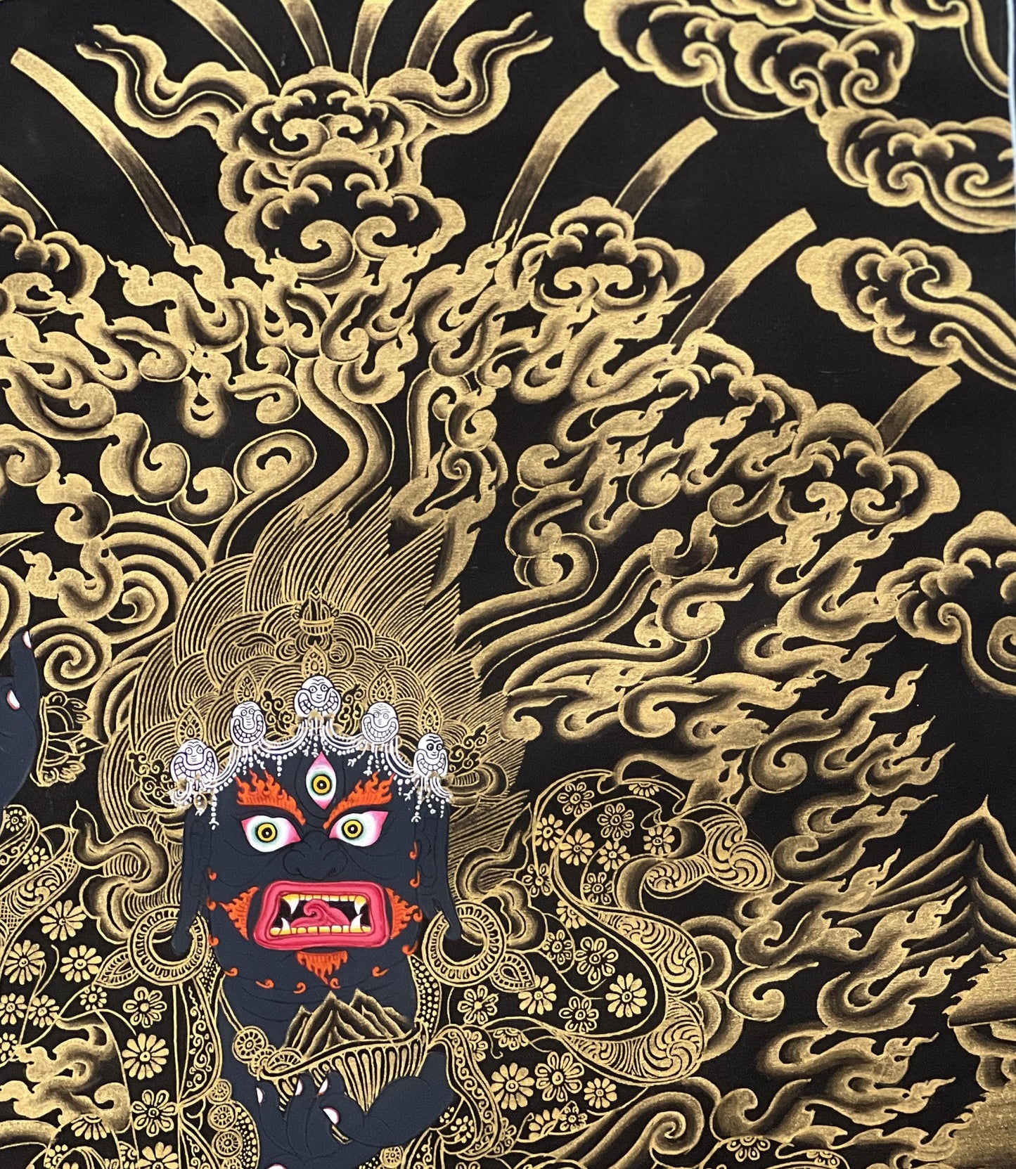 Hand-Painted Mahakala Thangka | Black & Gold Tibetan Art | Silk Brocade Frame | Dharma Defender Wall Hanging
