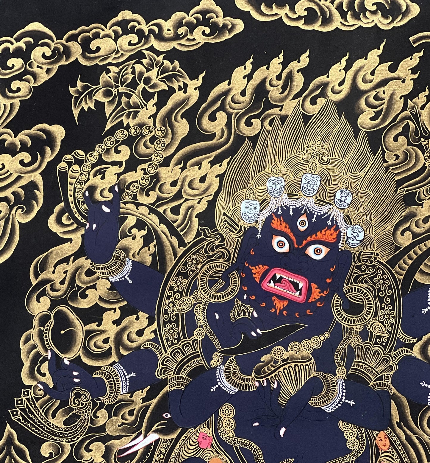 Hand-Painted Mahakala Thangka, Black and Gold Tibetan Protector