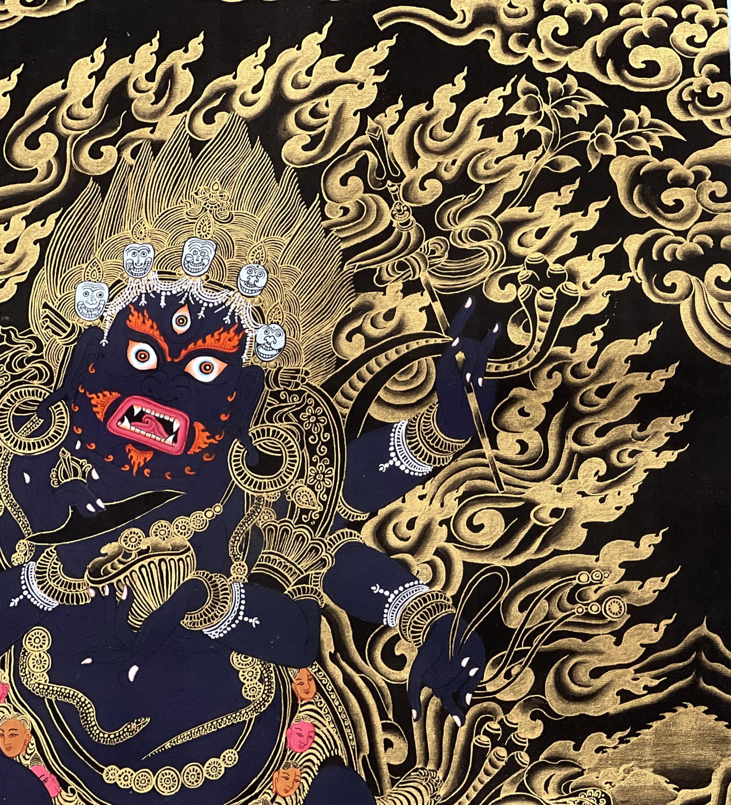 Hand-Painted Mahakala Thangka, Black and Gold Tibetan Protector