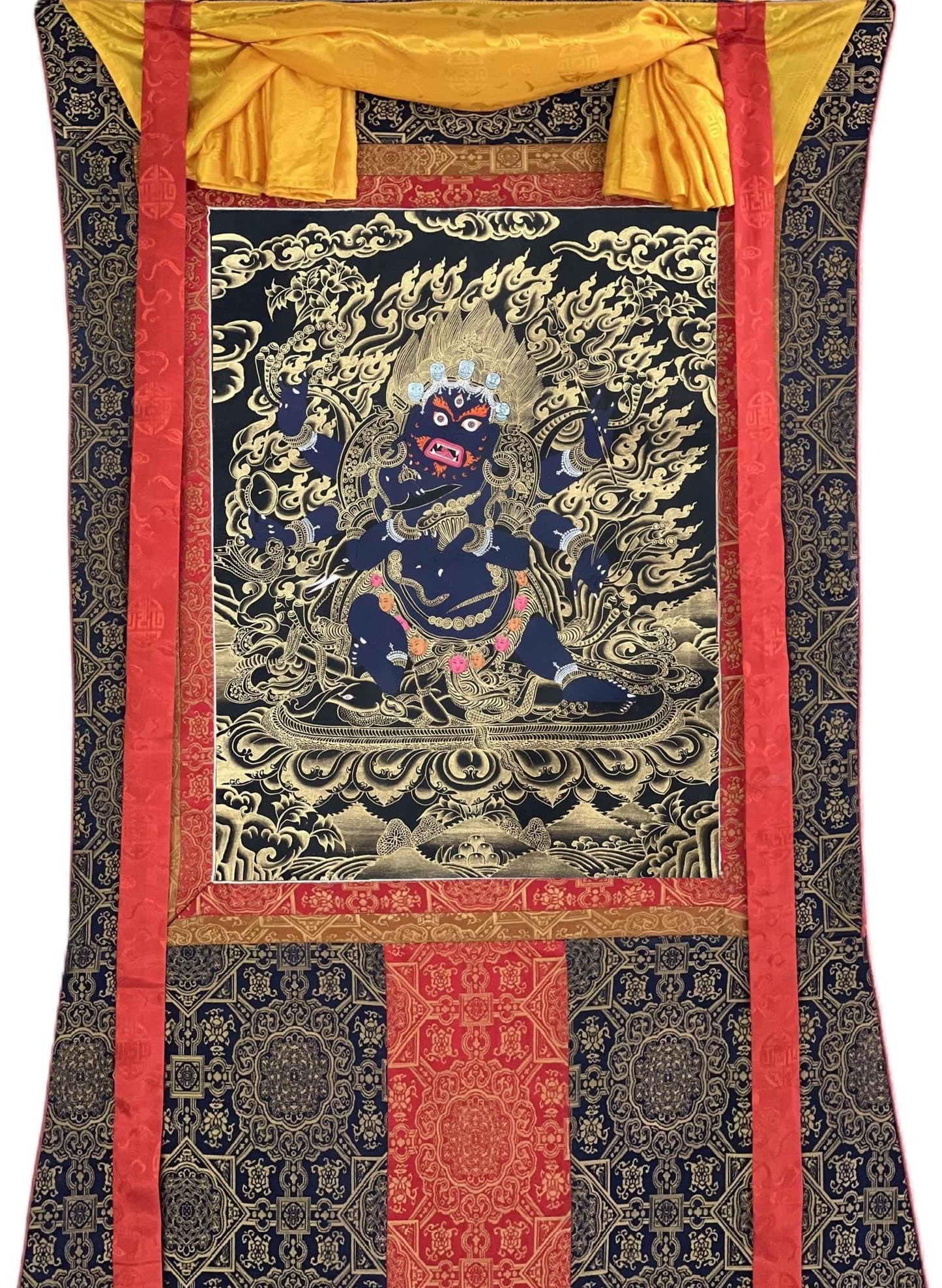 Hand-Painted Mahakala Thangka, Black and Gold Tibetan Protector
