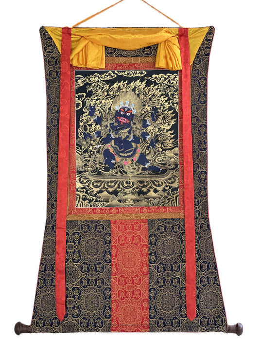Hand-Painted Mahakala Thangka, Black and Gold Tibetan Protector