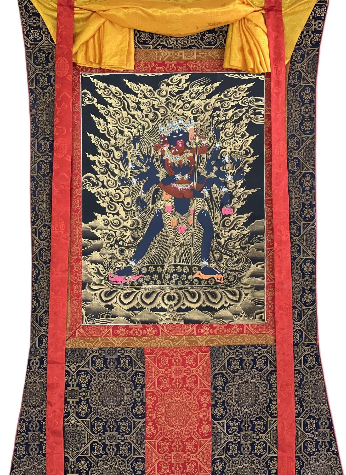 Hand-Painted Kalacakra Yab-Yum Thangka: Black & Gold Tibetan Silk Brocade Art