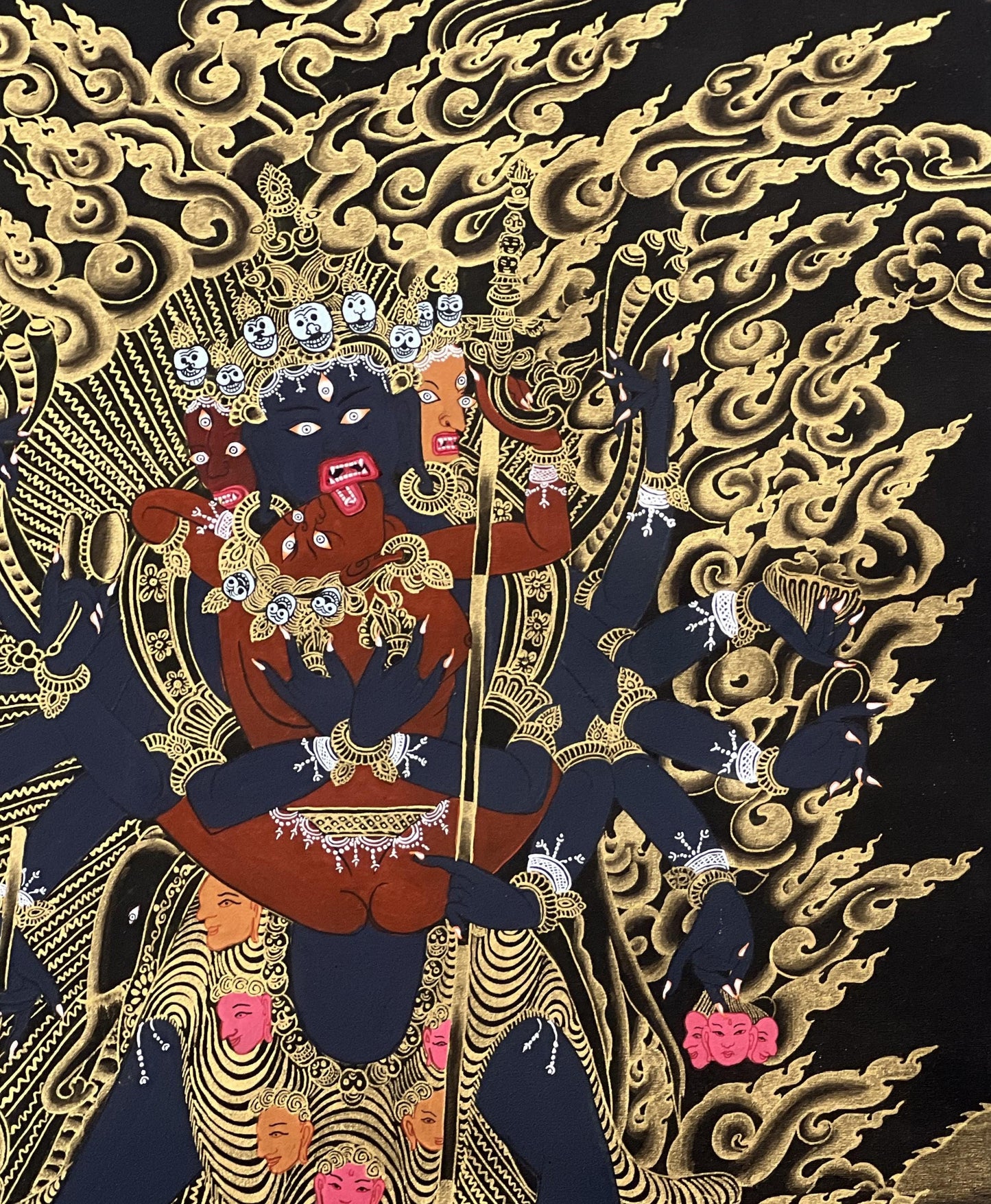 Hand-Painted Kalacakra Yab-Yum Thangka: Black & Gold Tibetan Silk Brocade Art