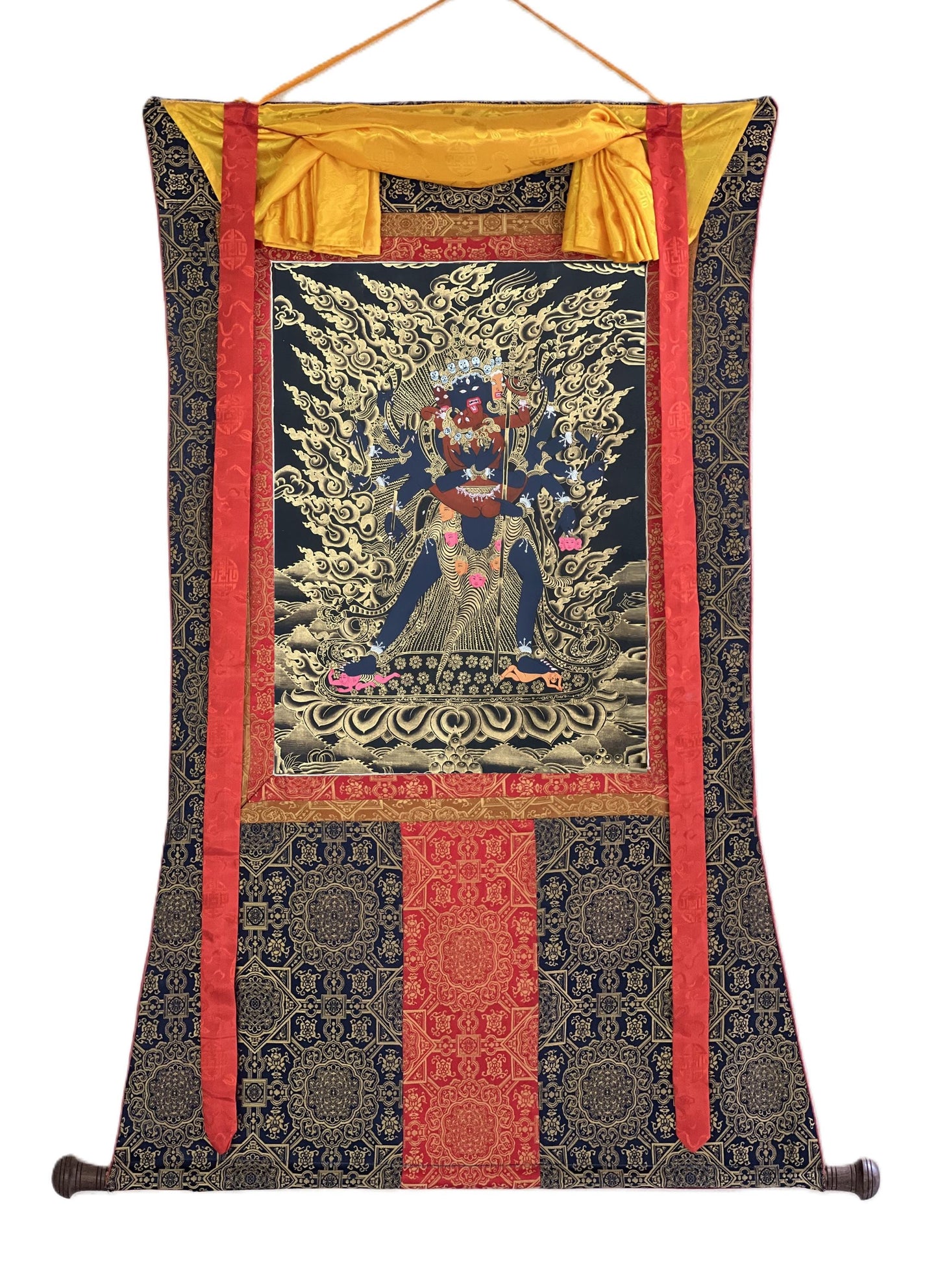 Hand-Painted Kalacakra Yab-Yum Thangka: Black & Gold Tibetan Silk Brocade Art