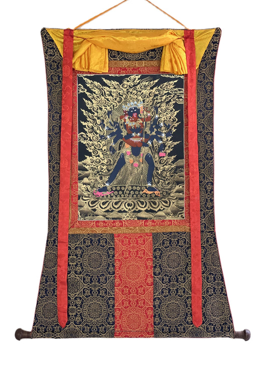 Hand-Painted Kalacakra Yab-Yum Thangka: Black & Gold Tibetan Silk Brocade Art