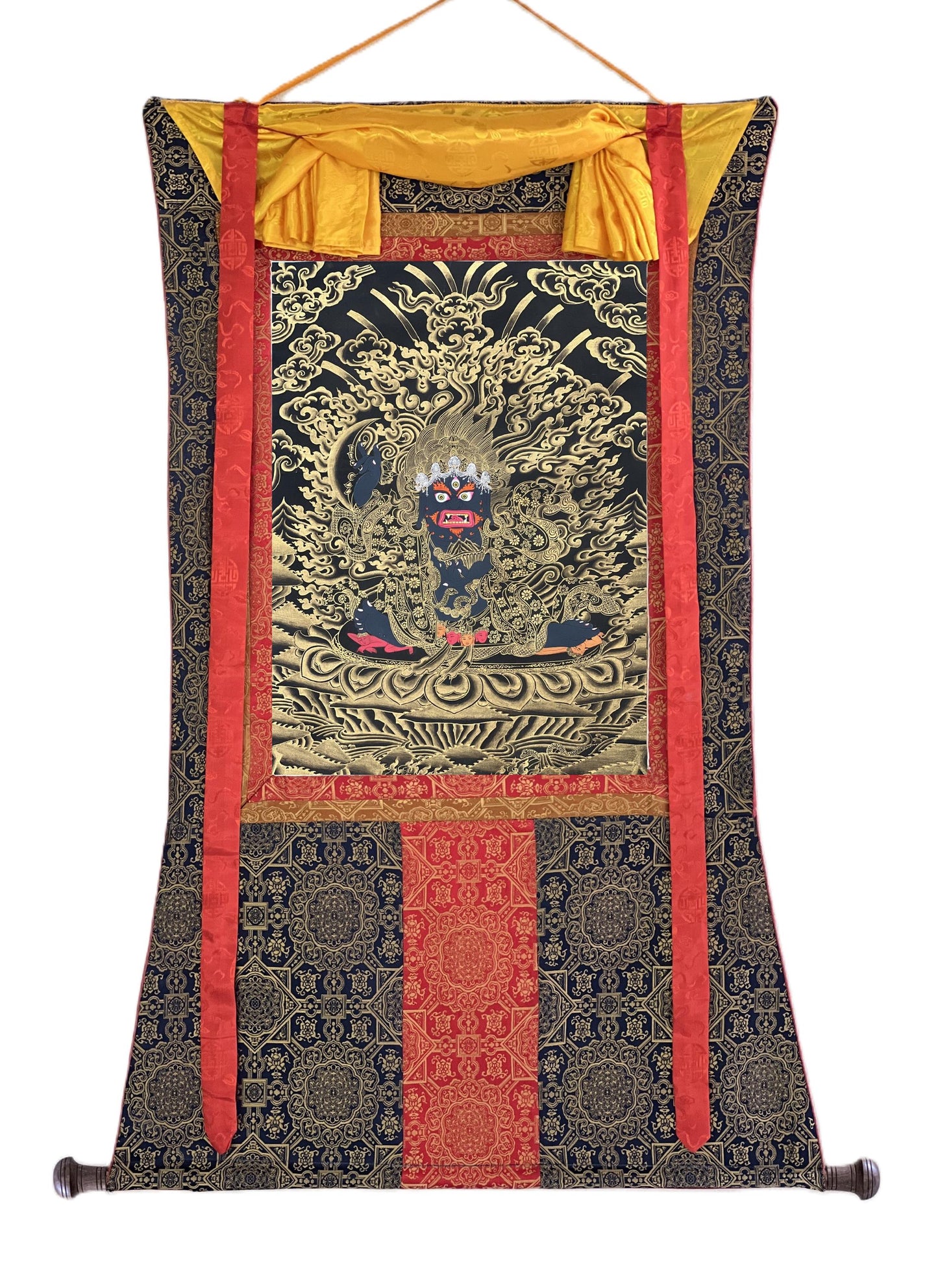 Hand-Painted Mahakala Thangka | Black & Gold Tibetan Art | Silk Brocade Frame | Dharma Defender Wall Hanging