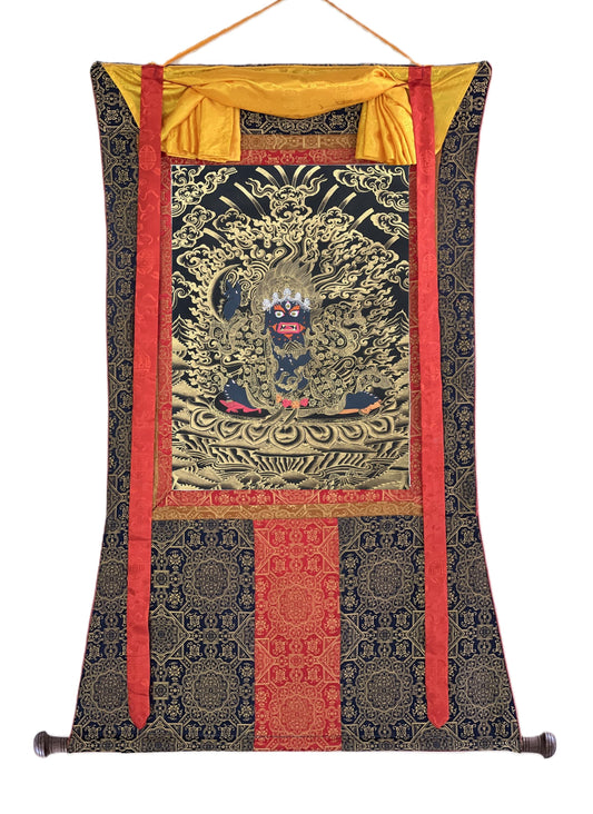 Hand-Painted Mahakala Thangka | Black & Gold Tibetan Art | Silk Brocade Frame | Dharma Defender Wall Hanging