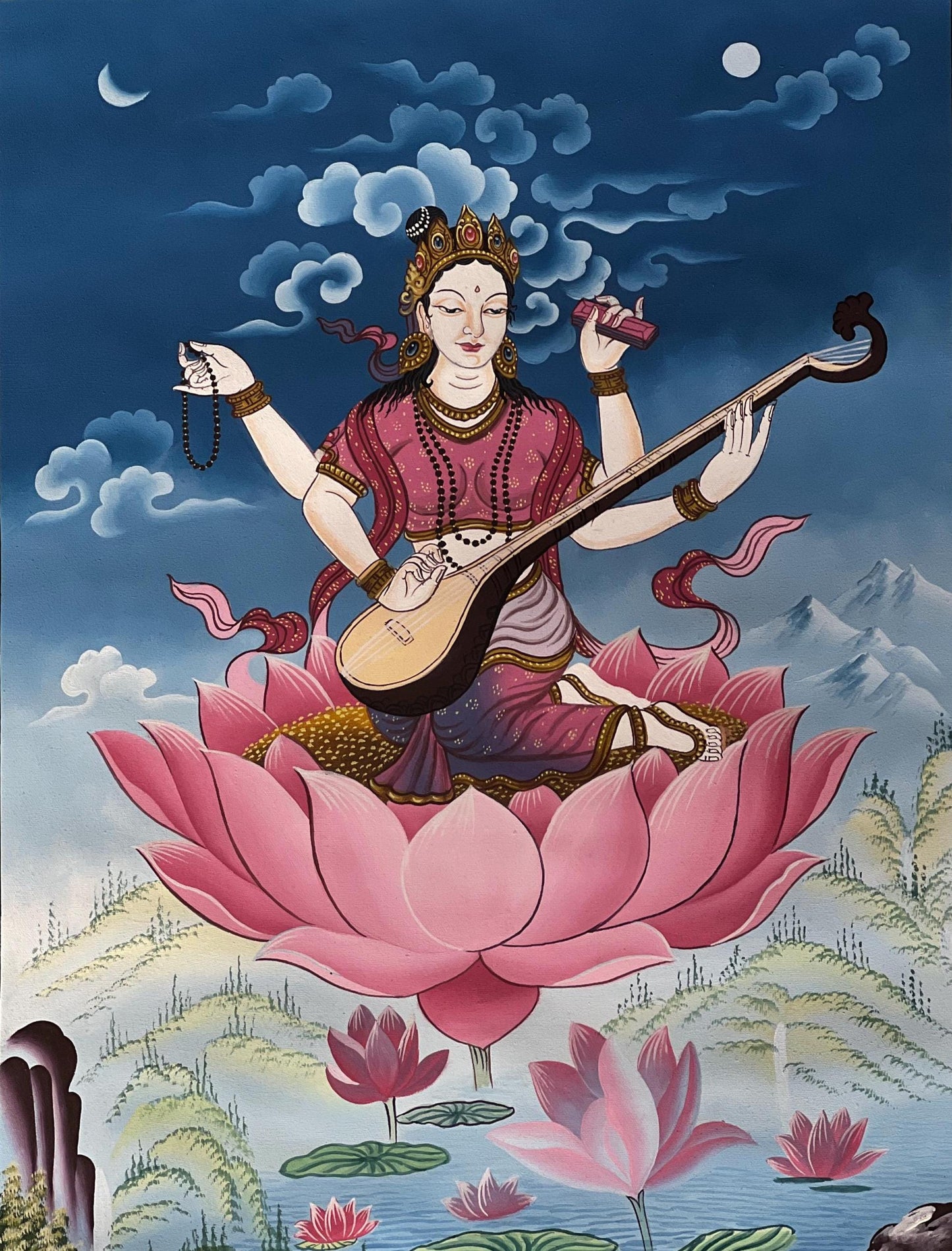 Hand-Painted Saraswati Thangka – Silk Brocade Hindu Goddess Art