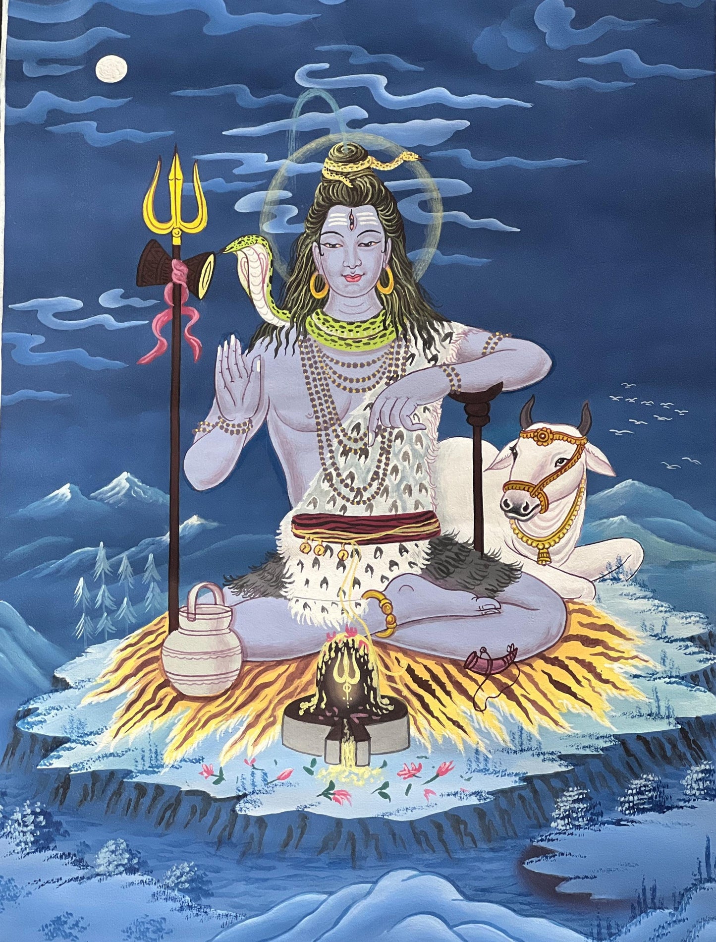 Hand-Painted Shiva Thangka Painting, Framed Silk Brocade Hindu Art