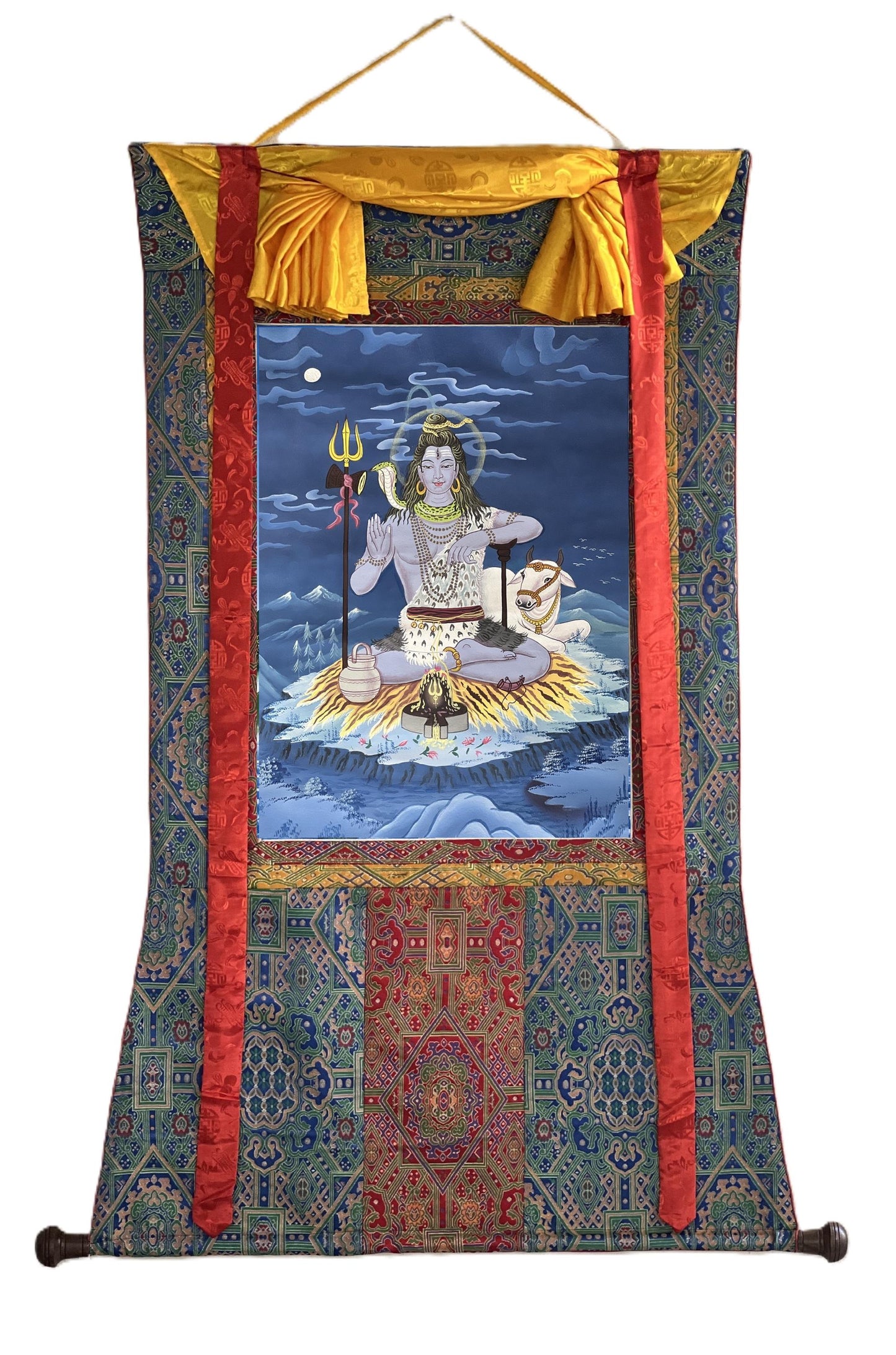 Hand-Painted Shiva Thangka Painting, Framed Silk Brocade Hindu Art