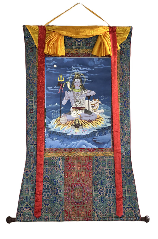 Hand-Painted Shiva Thangka Painting, Framed Silk Brocade Hindu Art