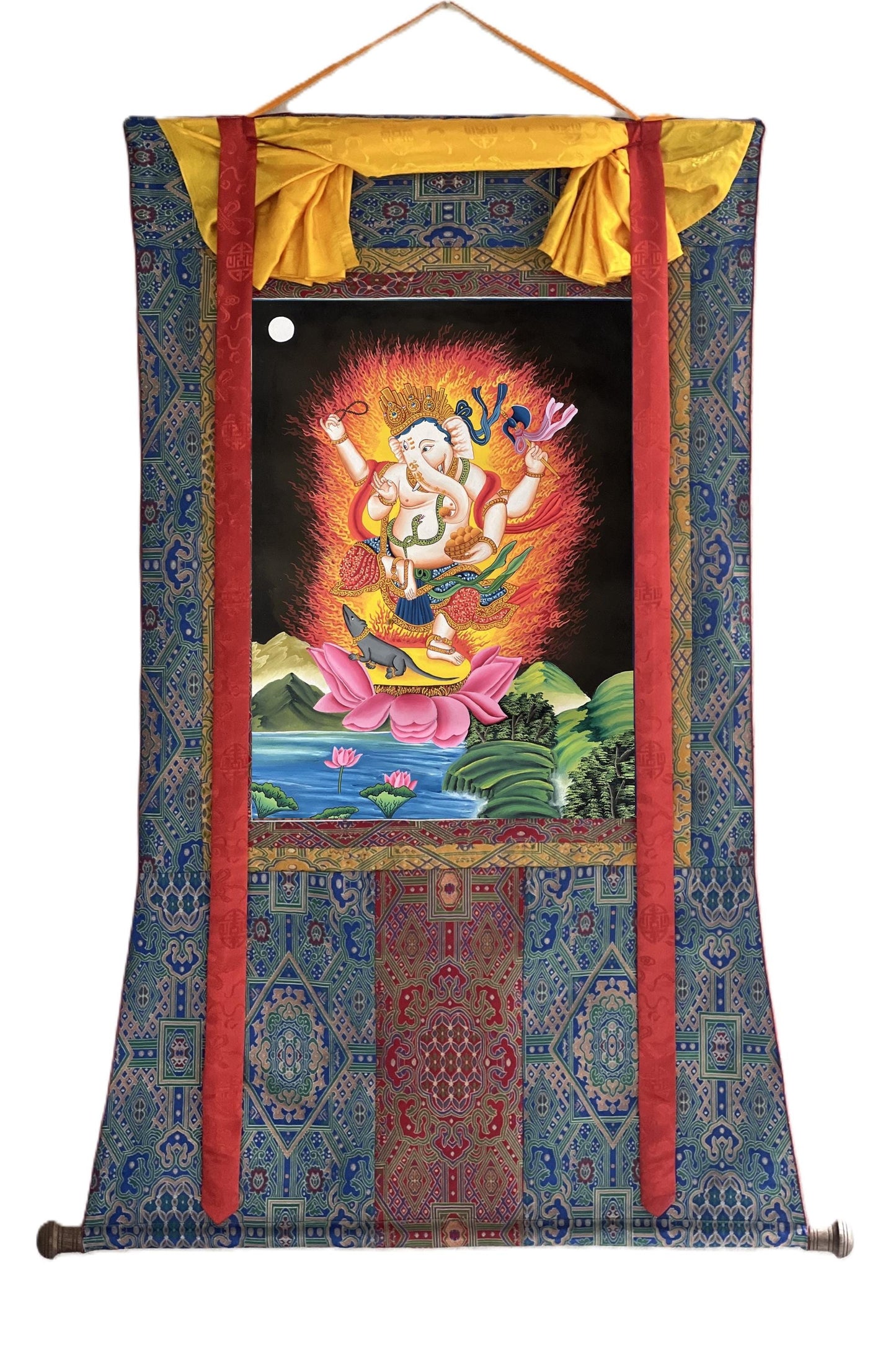 Hand-painted Newari Ganesha Thangka Painting with Silk Brocade