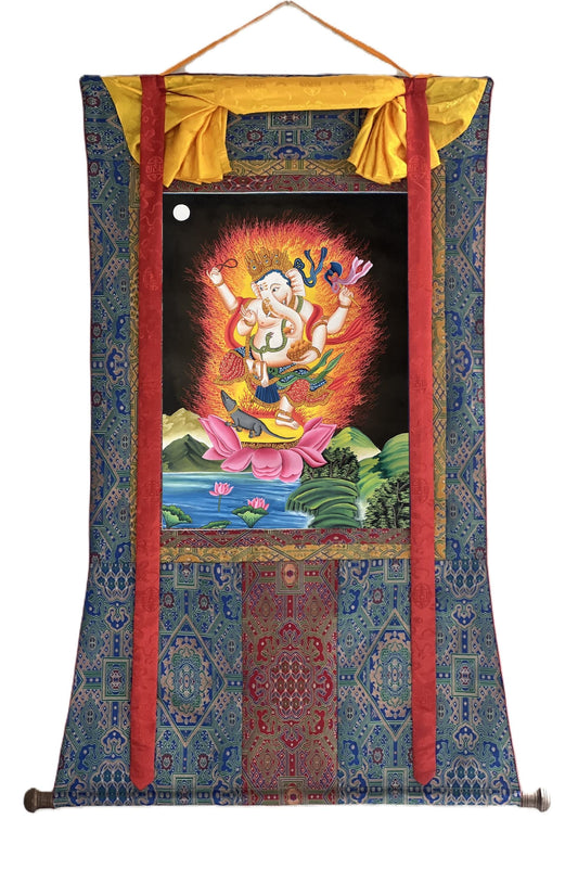 Hand-painted Newari Ganesha Thangka Painting with Silk Brocade