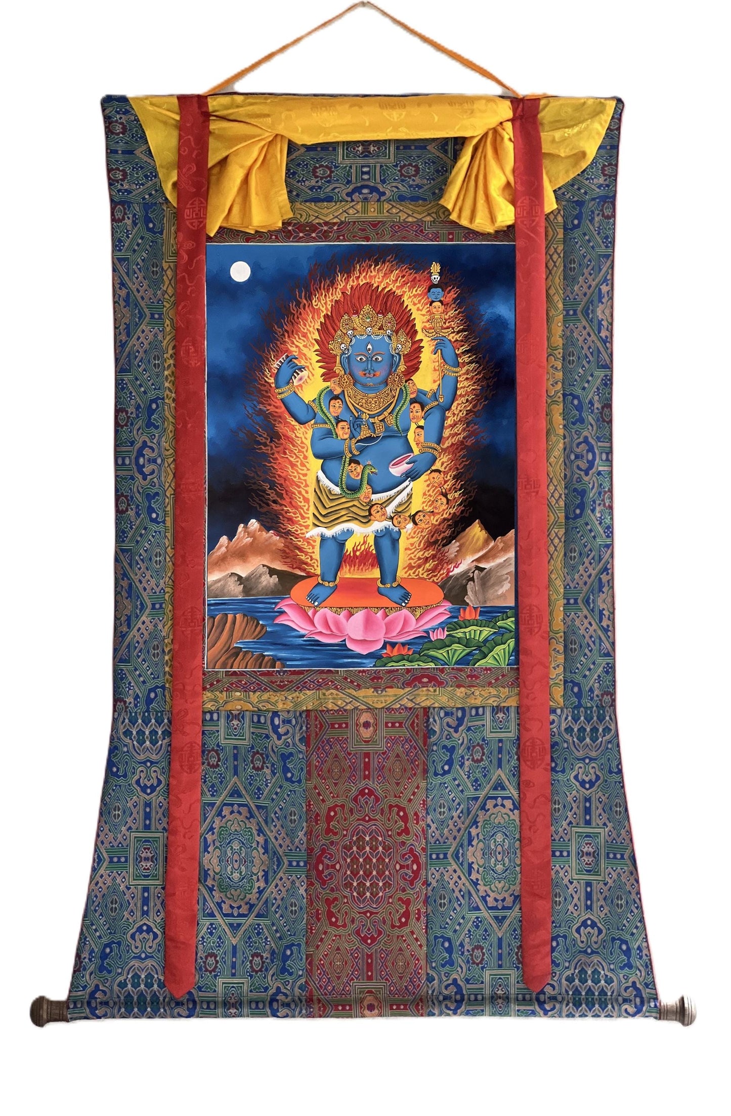 Hand-Painted Mahakala Thangka – Newari Paubha, Silk Brocade