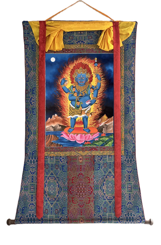 Hand-Painted Mahakala Thangka – Newari Paubha, Silk Brocade