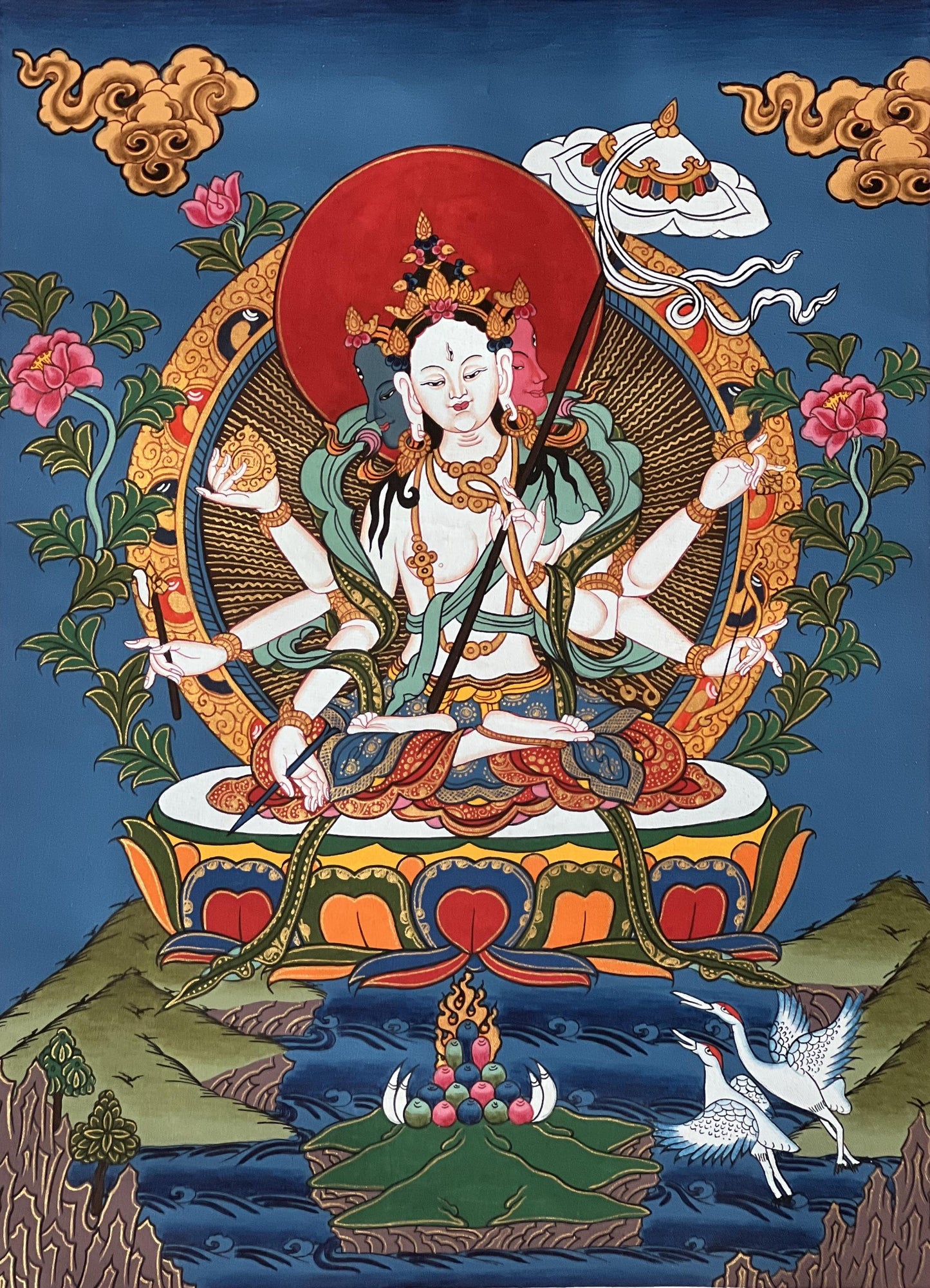 Hand-Painted Sitatapatra Thangka Painting with Silk Brocade
