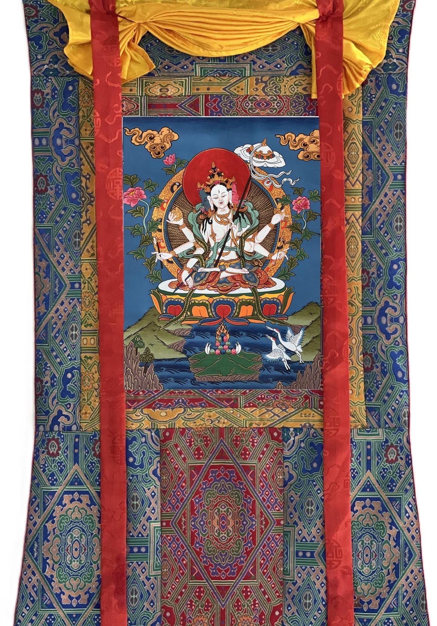 Hand-Painted Sitatapatra Thangka Painting with Silk Brocade