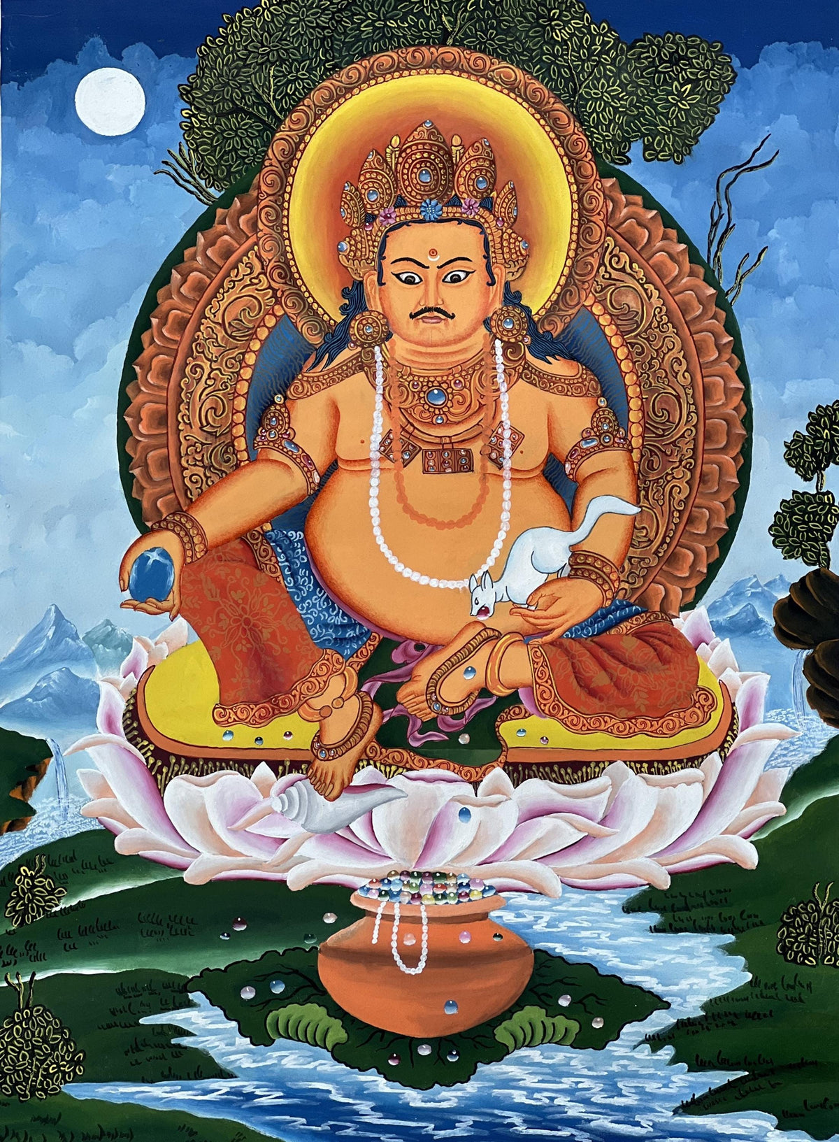 Kubera Thangka Painting with Silk Brocade, God of Wealth