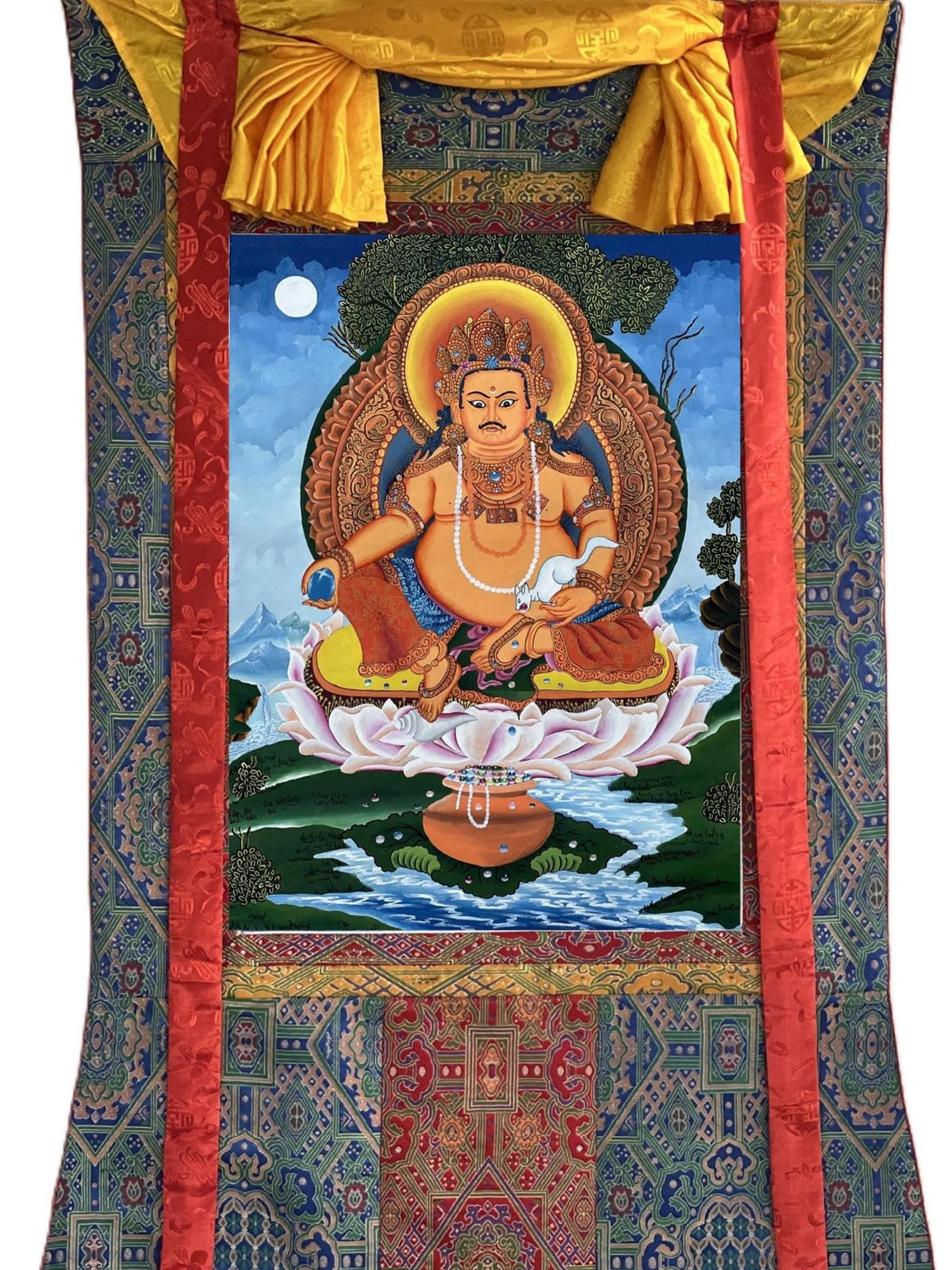 Kubera Thangka Painting with Silk Brocade, God of Wealth