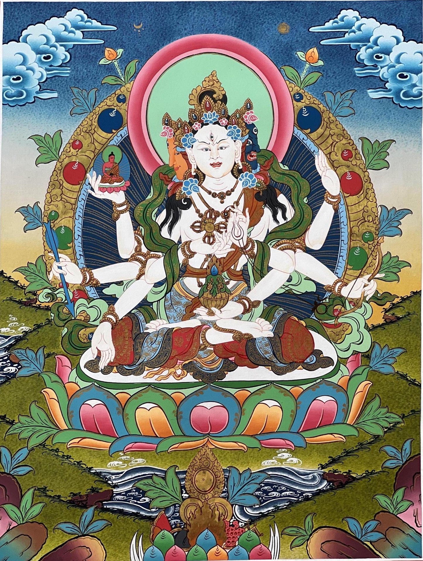 Namgyalma Thangka | Hand-Painted Long Life Goddess Tibetan Art with Silk Brocade