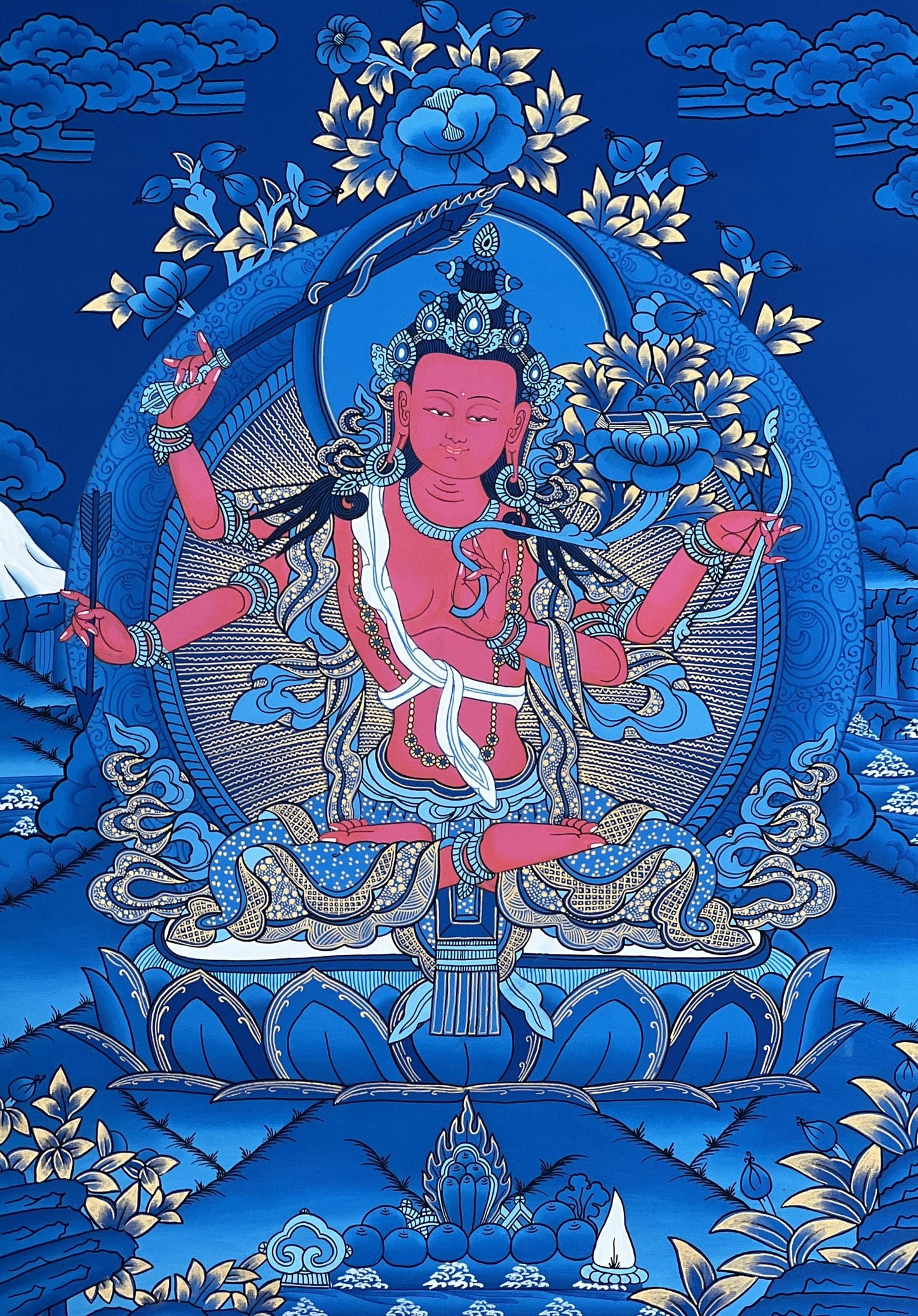Hand-Painted Red Manjushri Thangka Painting with Silk Brocade