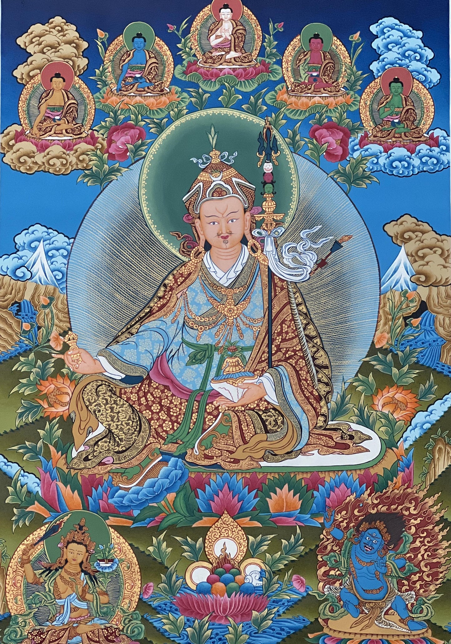 Hand-Painted Guru Rinpoche Thangka Painting with Five Dhyani Buddhas