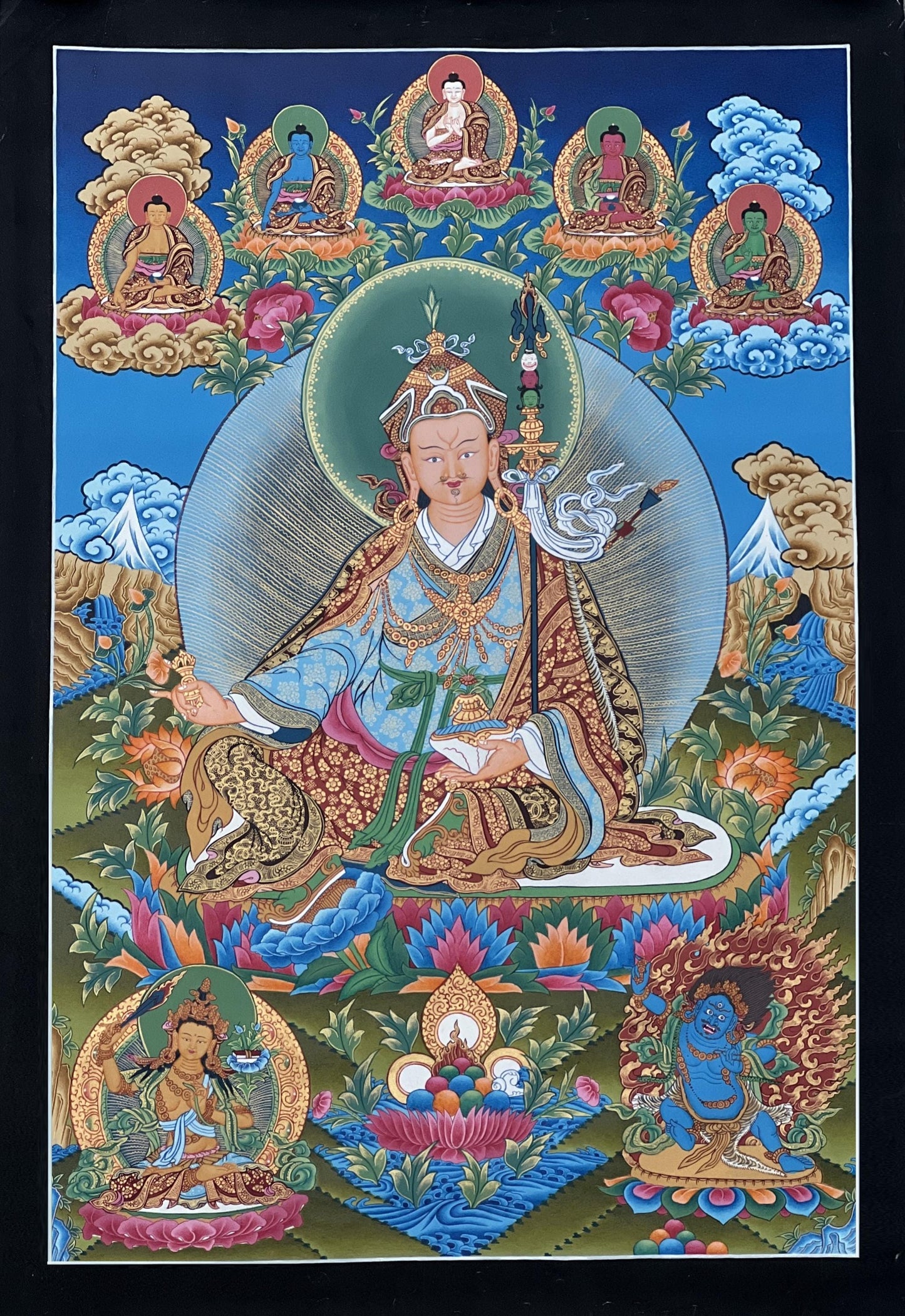 Hand-Painted Guru Rinpoche Thangka Painting with Five Dhyani Buddhas