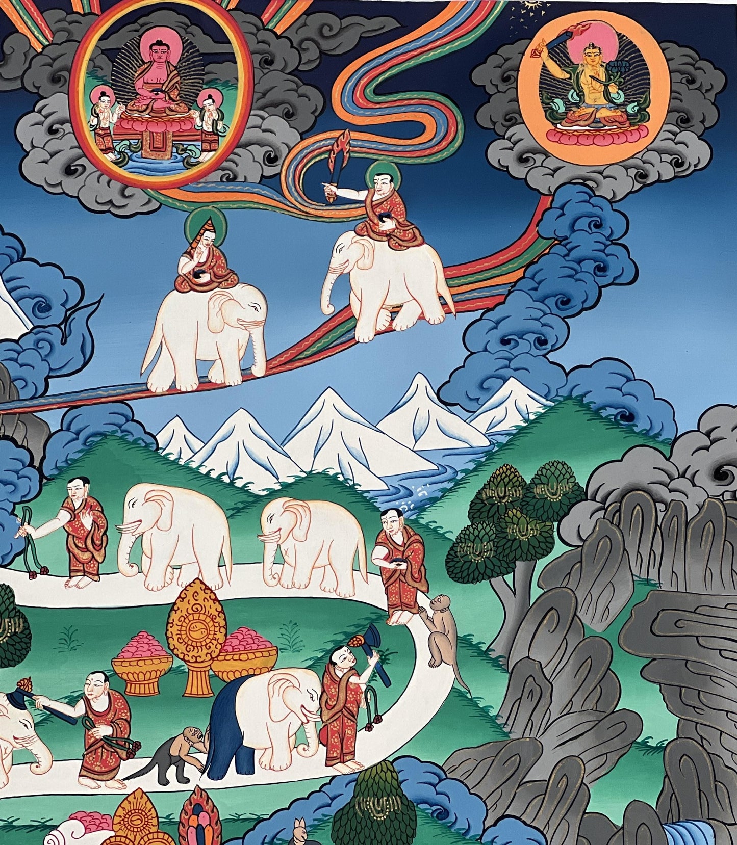 Hand-Painted Tibetan Thangka - Samatha Meditation Elephant Path Art - Large Compassion Meditation Painting