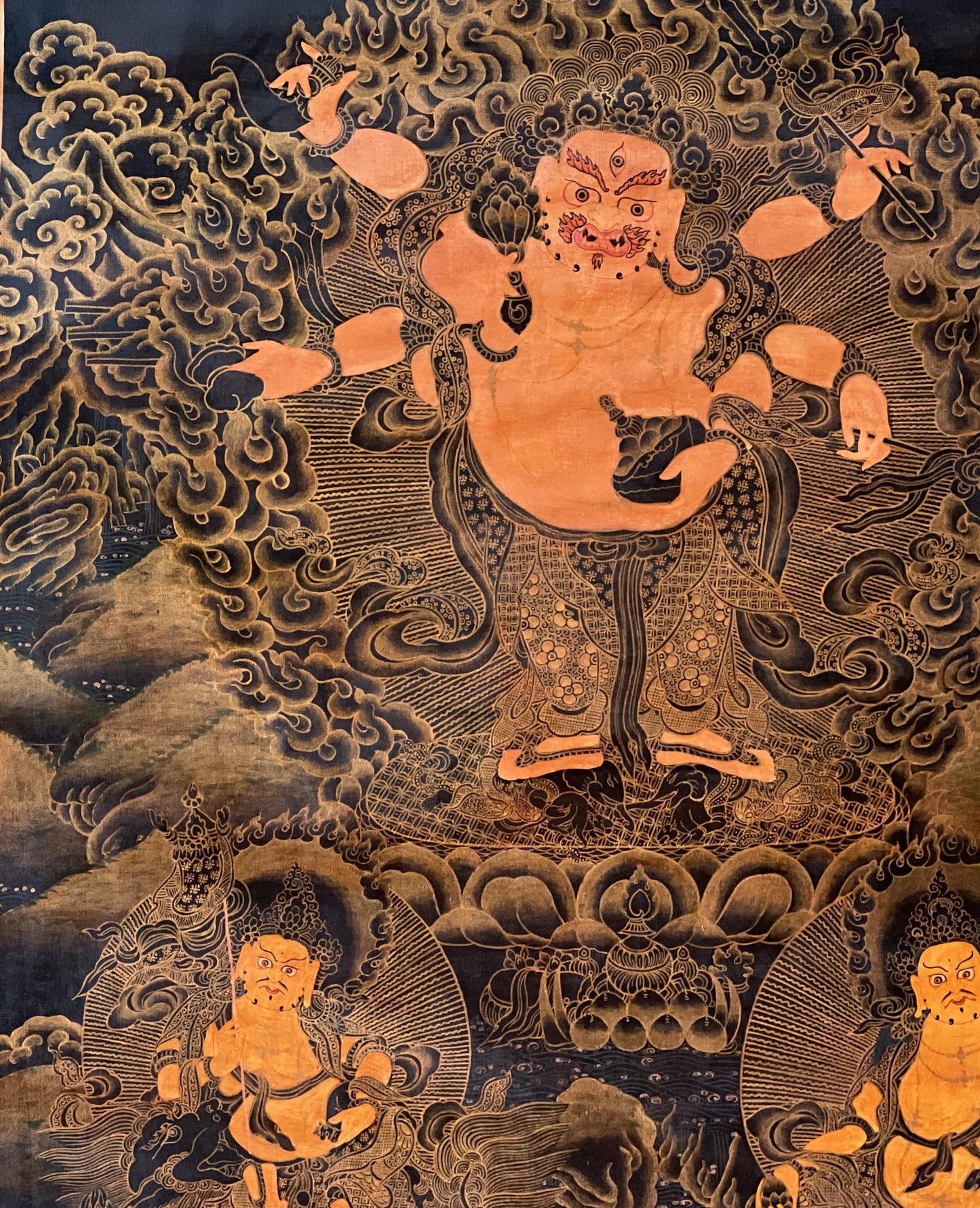 Hand-Painted White Mahakala Thangka Painting with Silk Brocade