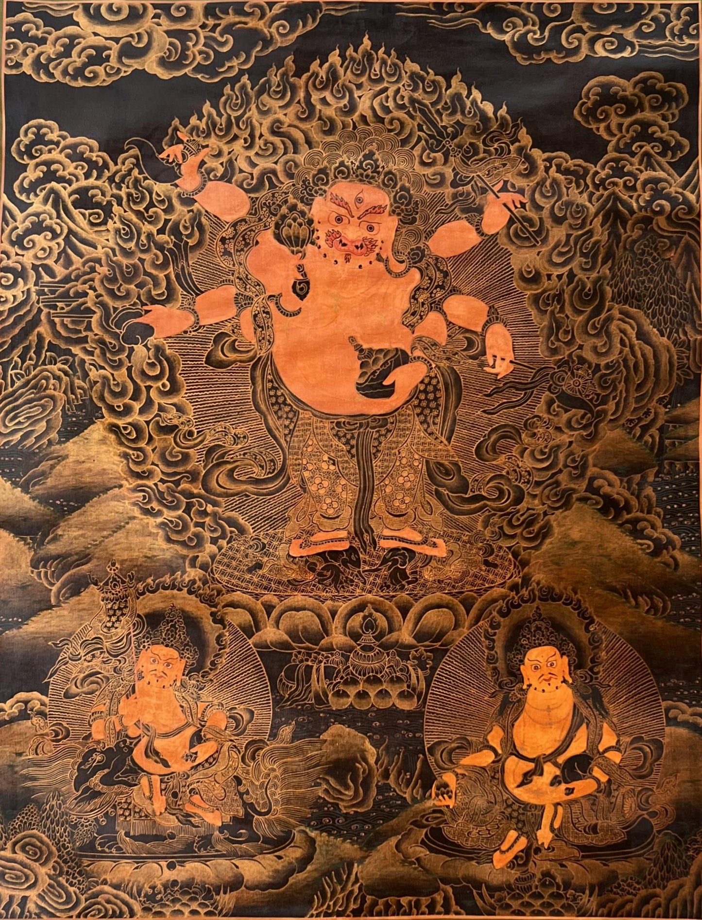 Hand-Painted White Mahakala Thangka Painting with Silk Brocade