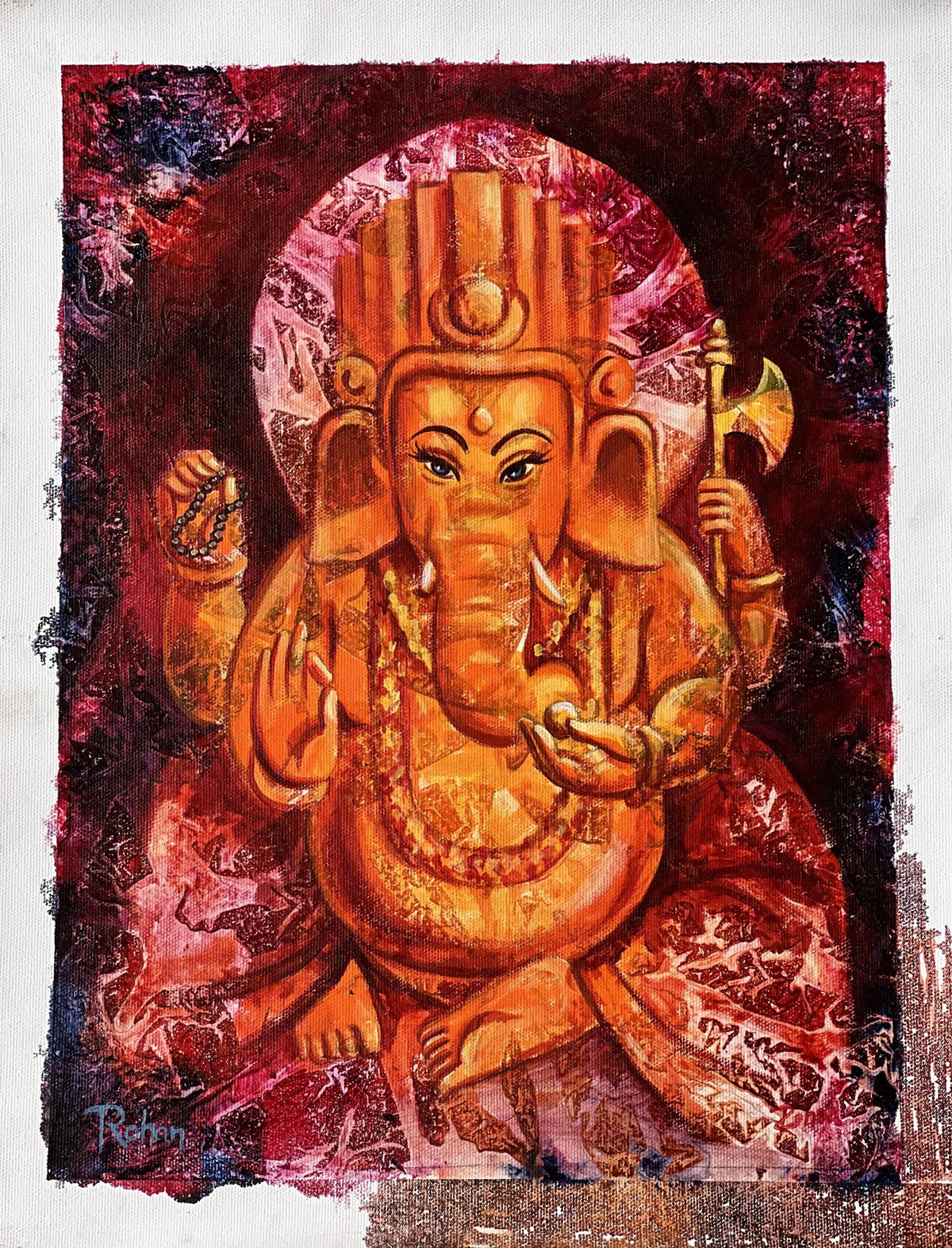 Lord Ganesha Acrylic Painting, Palette Knife Hindu Art on Canvas
