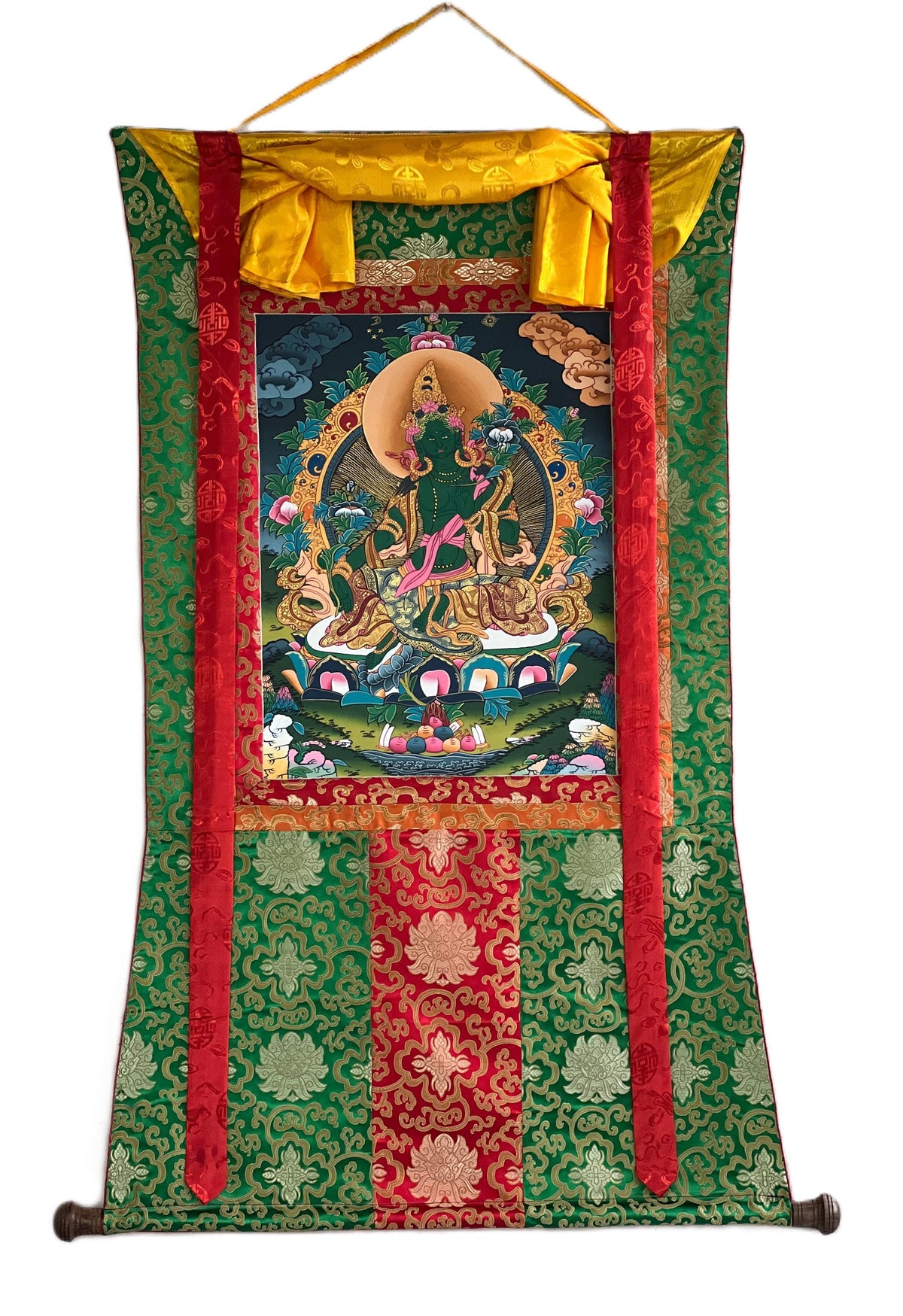 Green Tara Thangka Painting: Original Buddhist Art with Silk Brocade