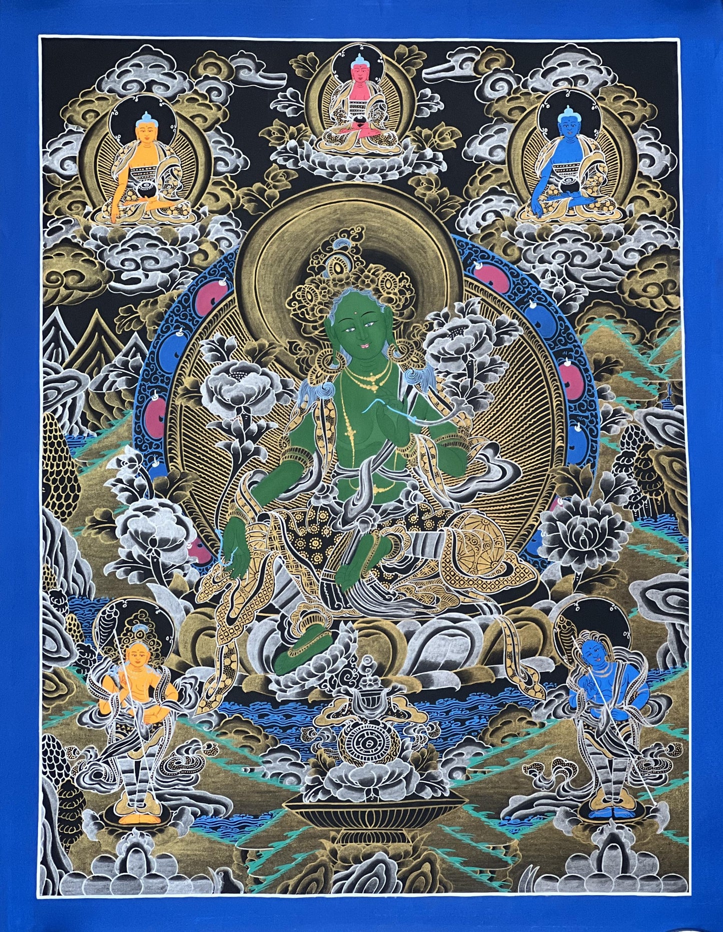 Green Tara Thangka with Silk Brocade | Hand-Painted Tibetan Goddess Art