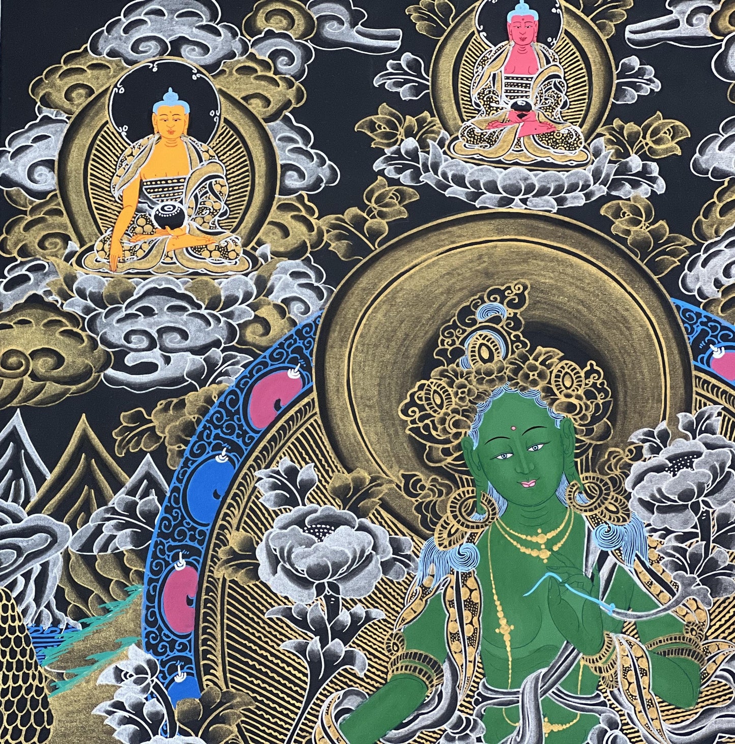 Green Tara Thangka with Silk Brocade | Hand-Painted Tibetan Goddess Art