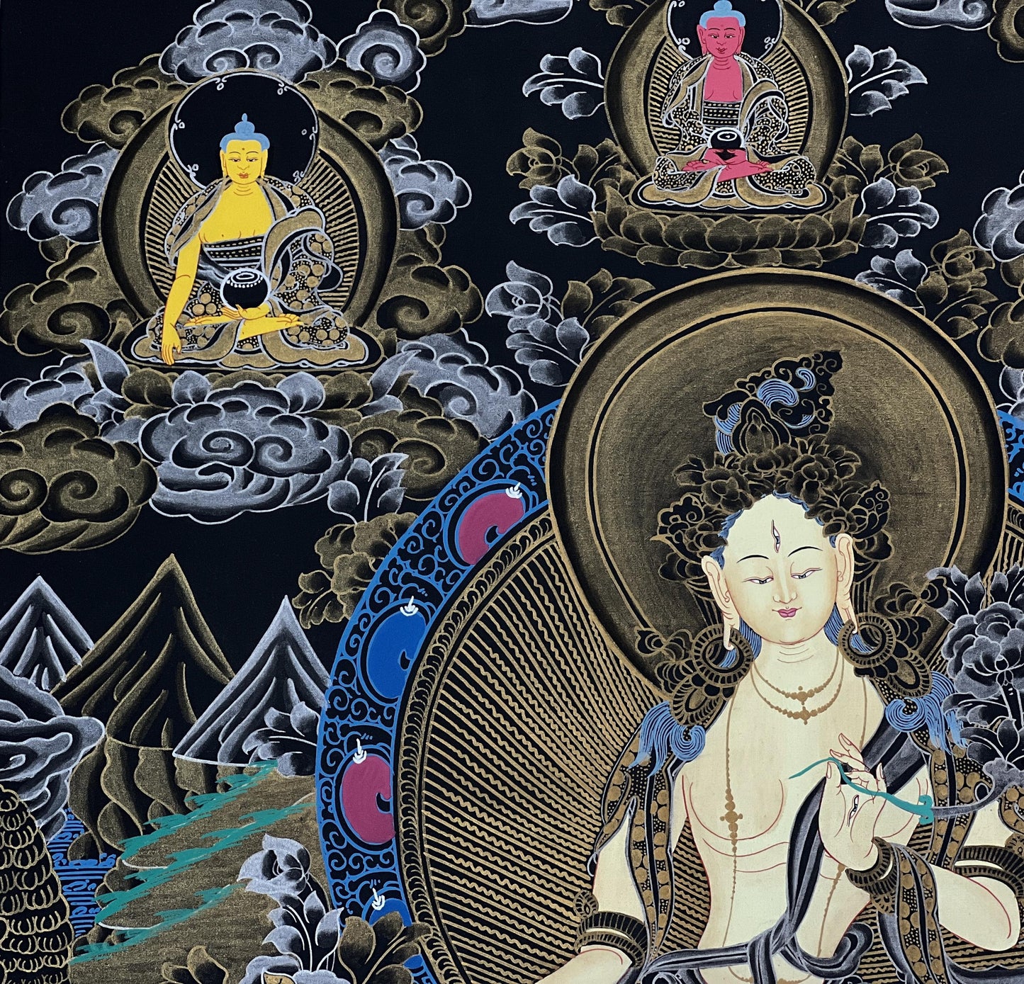 White Tara Thangka | Hand-Painted Tibetan Healing Goddess Art with Silk Brocade