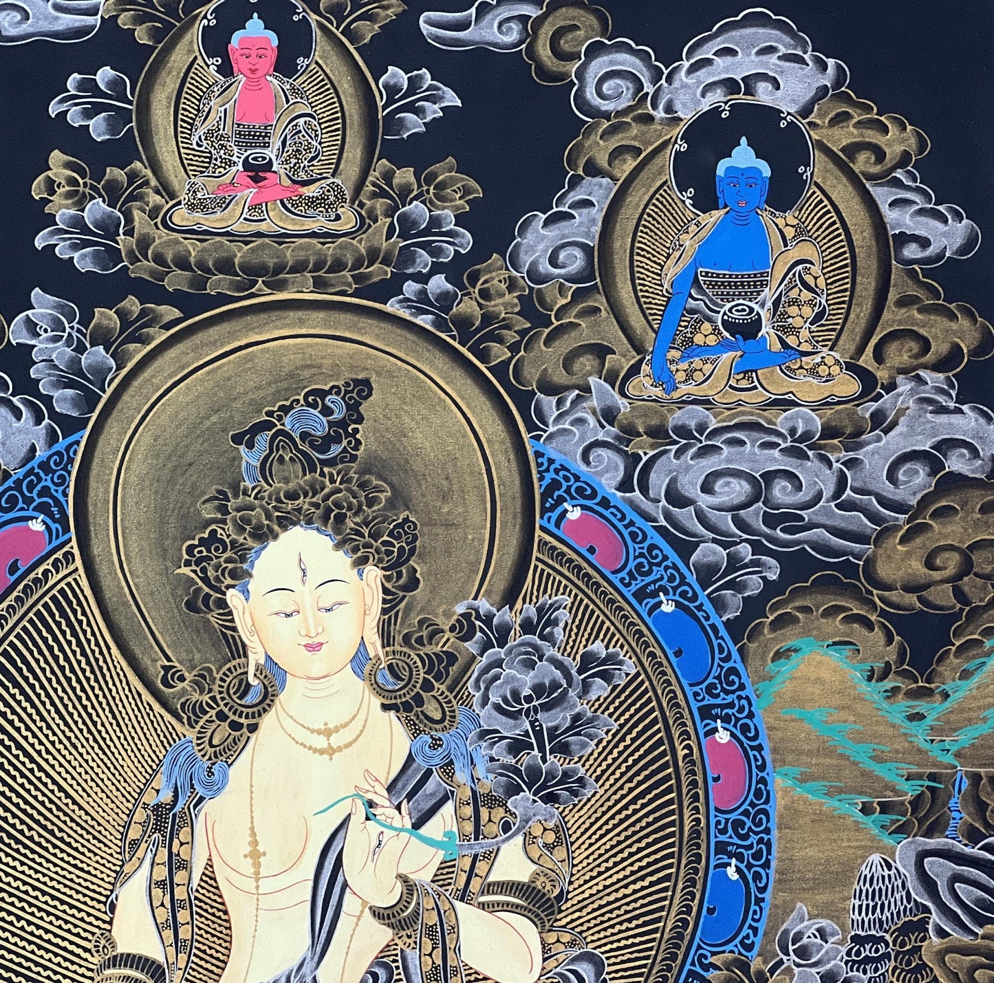 White Tara Thangka | Hand-Painted Tibetan Healing Goddess Art with Silk Brocade