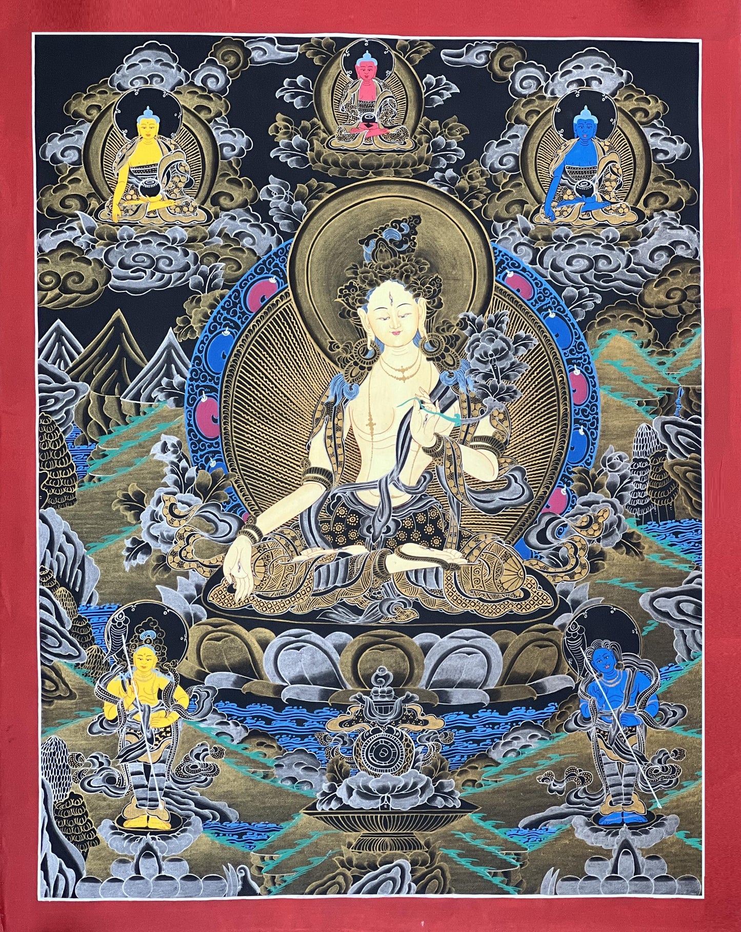 White Tara Thangka | Hand-Painted Tibetan Healing Goddess Art with Silk Brocade