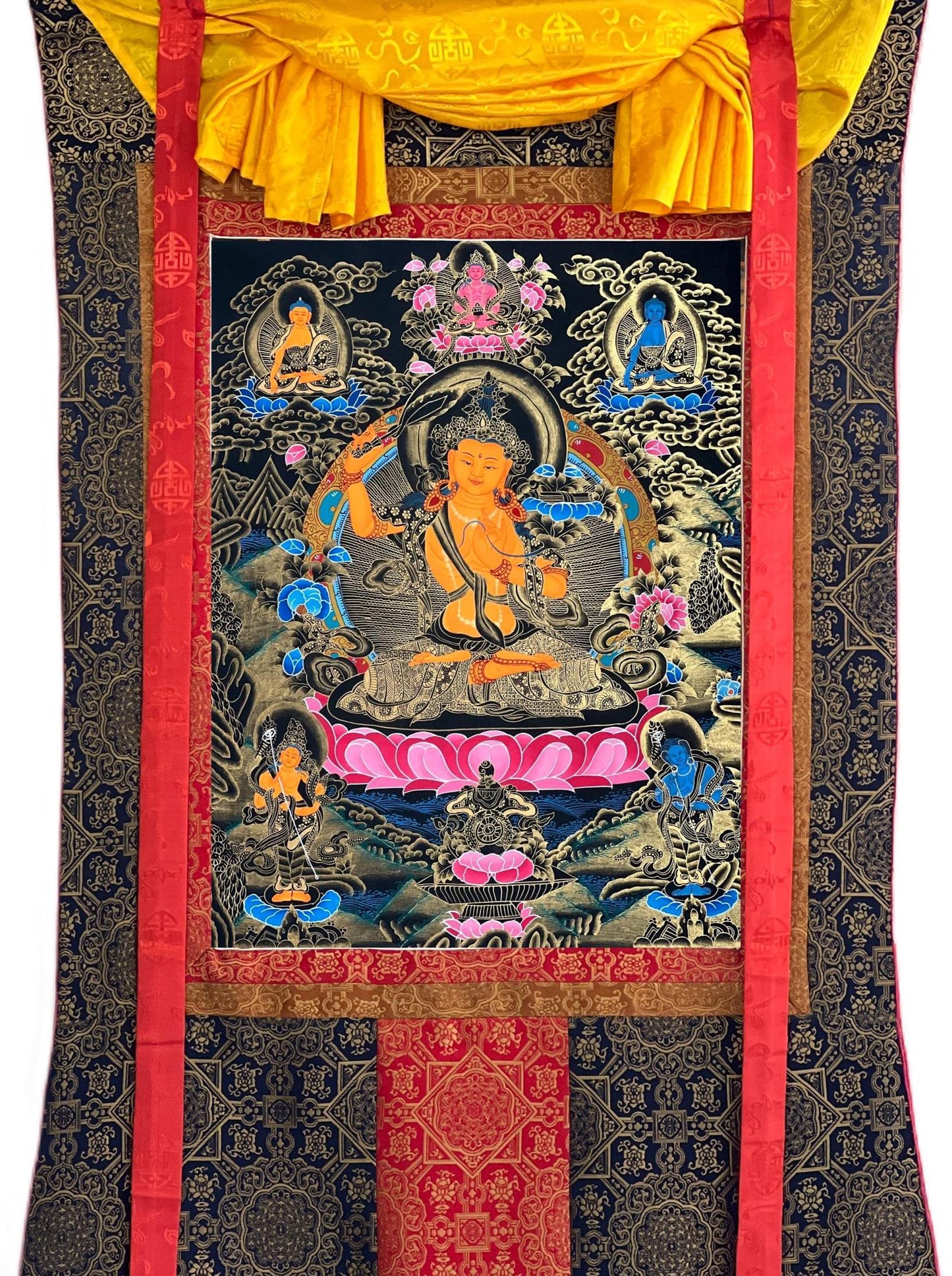 Hand-painted Manjushri Bodhisattva Thangka, Silk Brocade, Tibetan Art