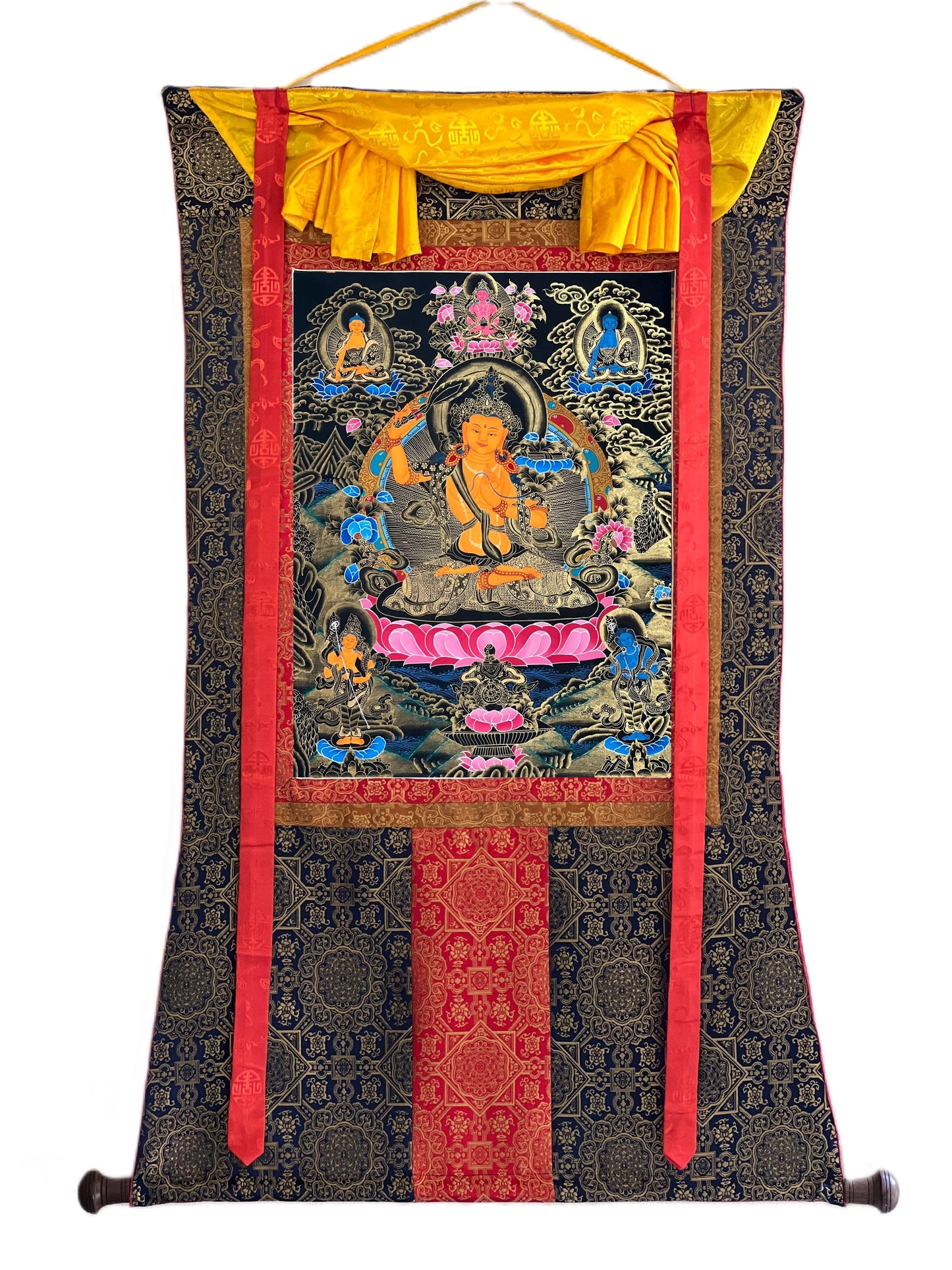 Hand-painted Manjushri Bodhisattva Thangka, Silk Brocade, Tibetan Art