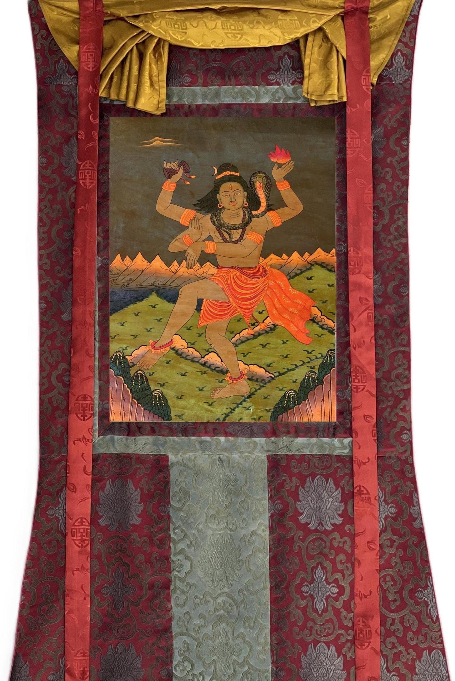 Hand-Painted Shiva Thangka Painting with Silk Brocade Frame