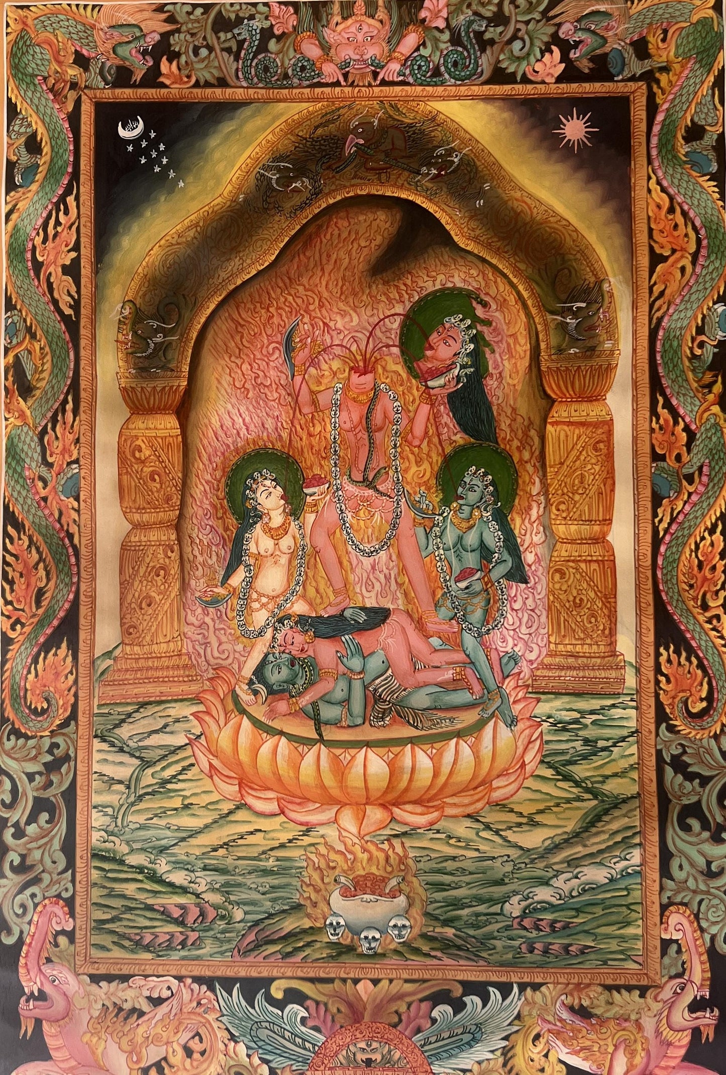 Chhinnamasta Thangka Painting – Original Hand-Painted Hindu Buddhist Art | Mahavidya Goddess | Sacred Tantric Masterpiece | Semi-Old