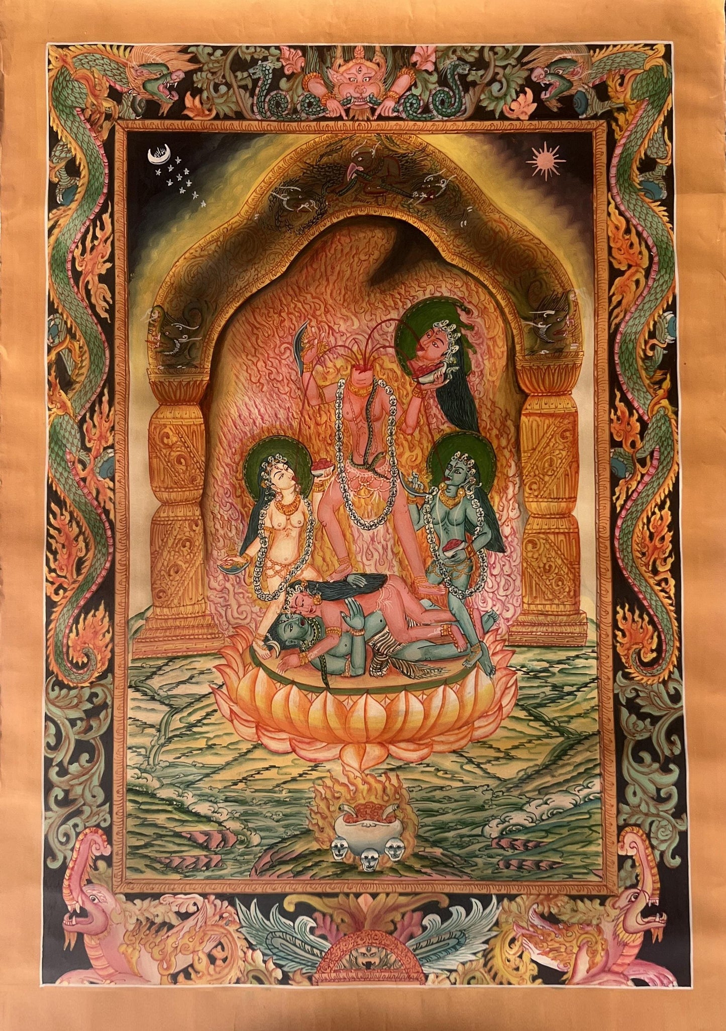 Chhinnamasta Thangka Painting – Original Hand-Painted Hindu Buddhist Art | Mahavidya Goddess | Sacred Tantric Masterpiece | Semi-Old