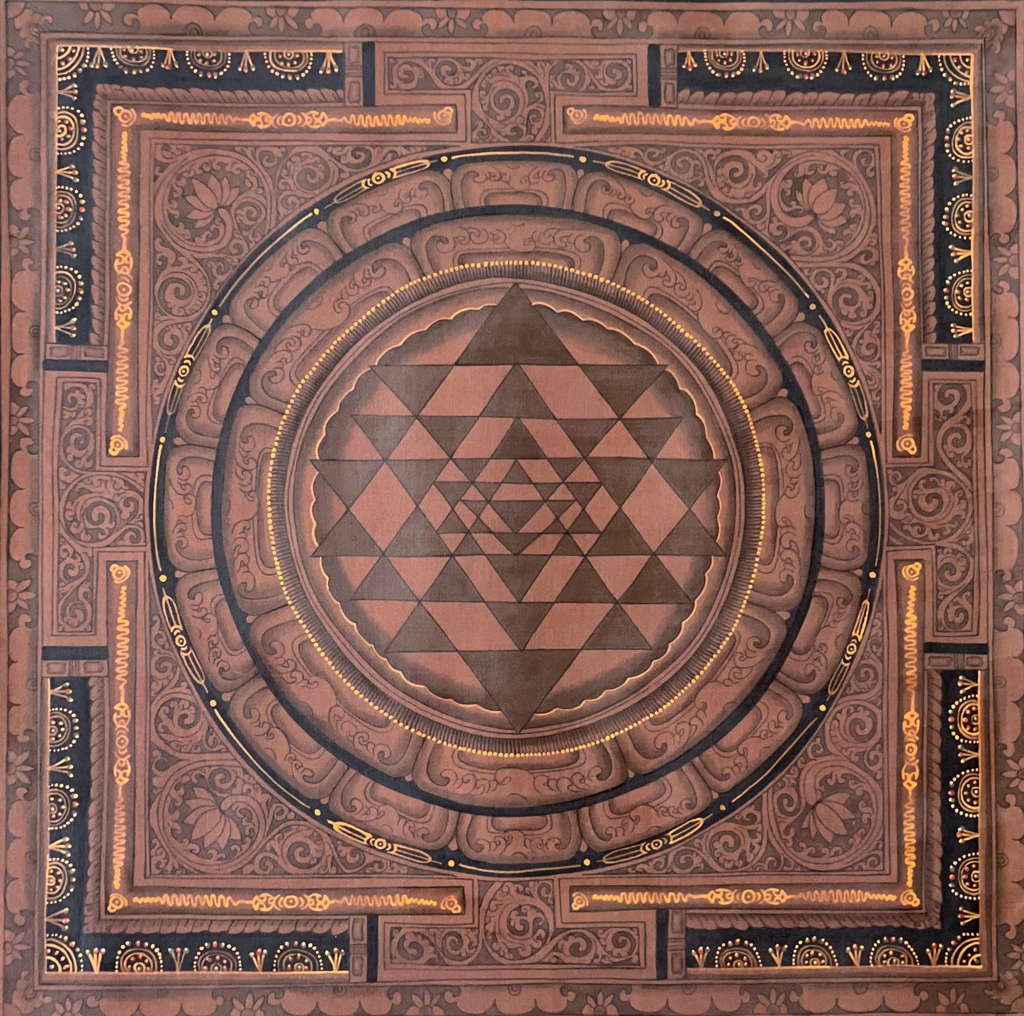 Hand-painted Sri Yantra Mandala, Newari Paubha Painting, Oil Varnished