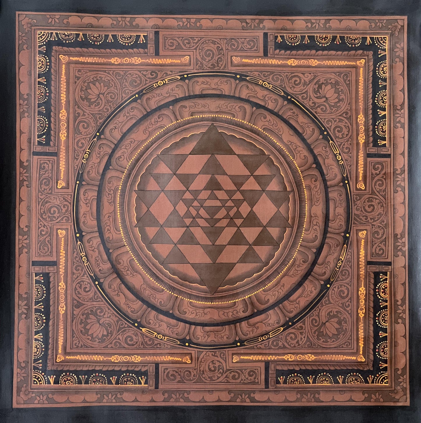 Hand-painted Sri Yantra Mandala, Newari Paubha Painting, Oil Varnished