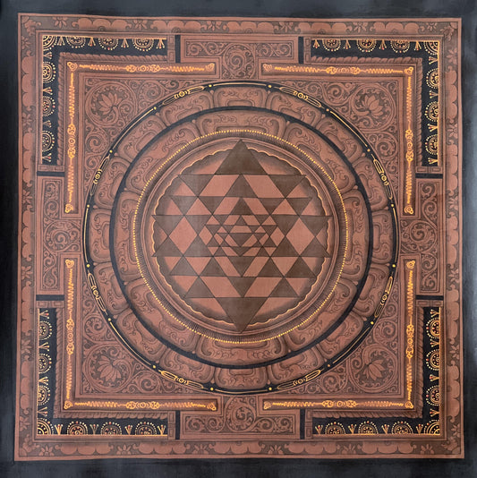 Hand-painted Sri Yantra Mandala, Newari Paubha Painting, Oil Varnished