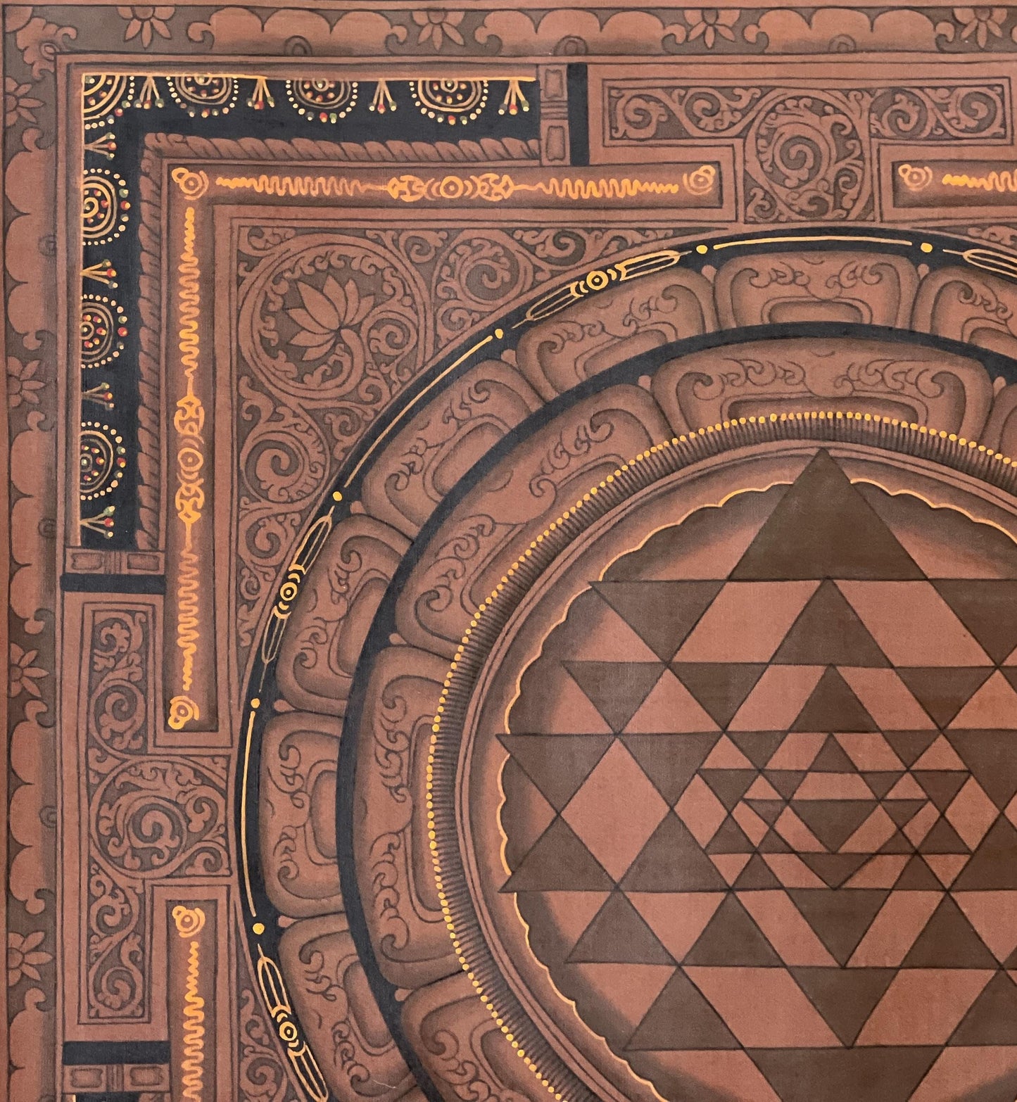 Hand-painted Sri Yantra Mandala, Newari Paubha Painting, Oil Varnished