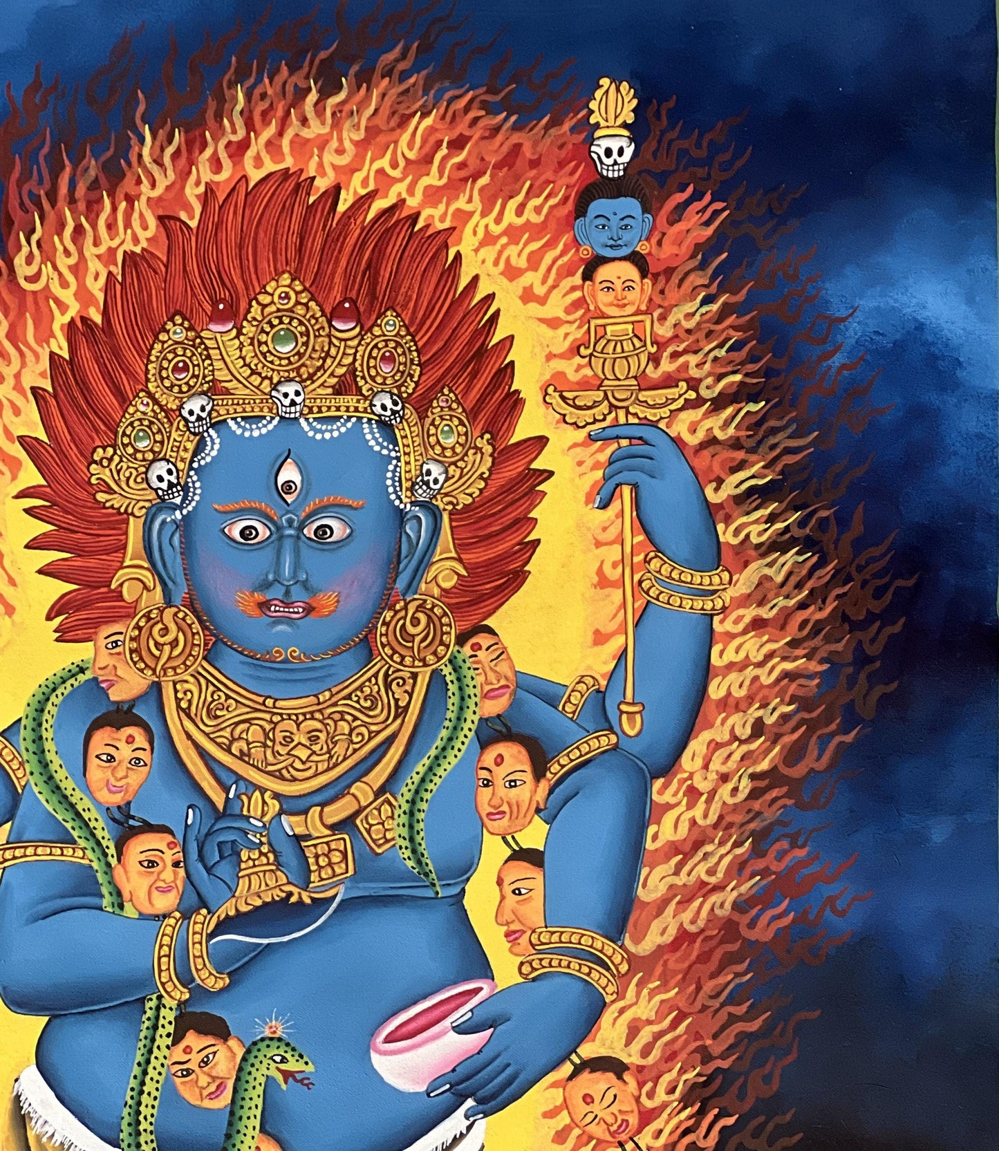 Hand-Painted Mahakala Thangka – Newari Paubha, Silk Brocade