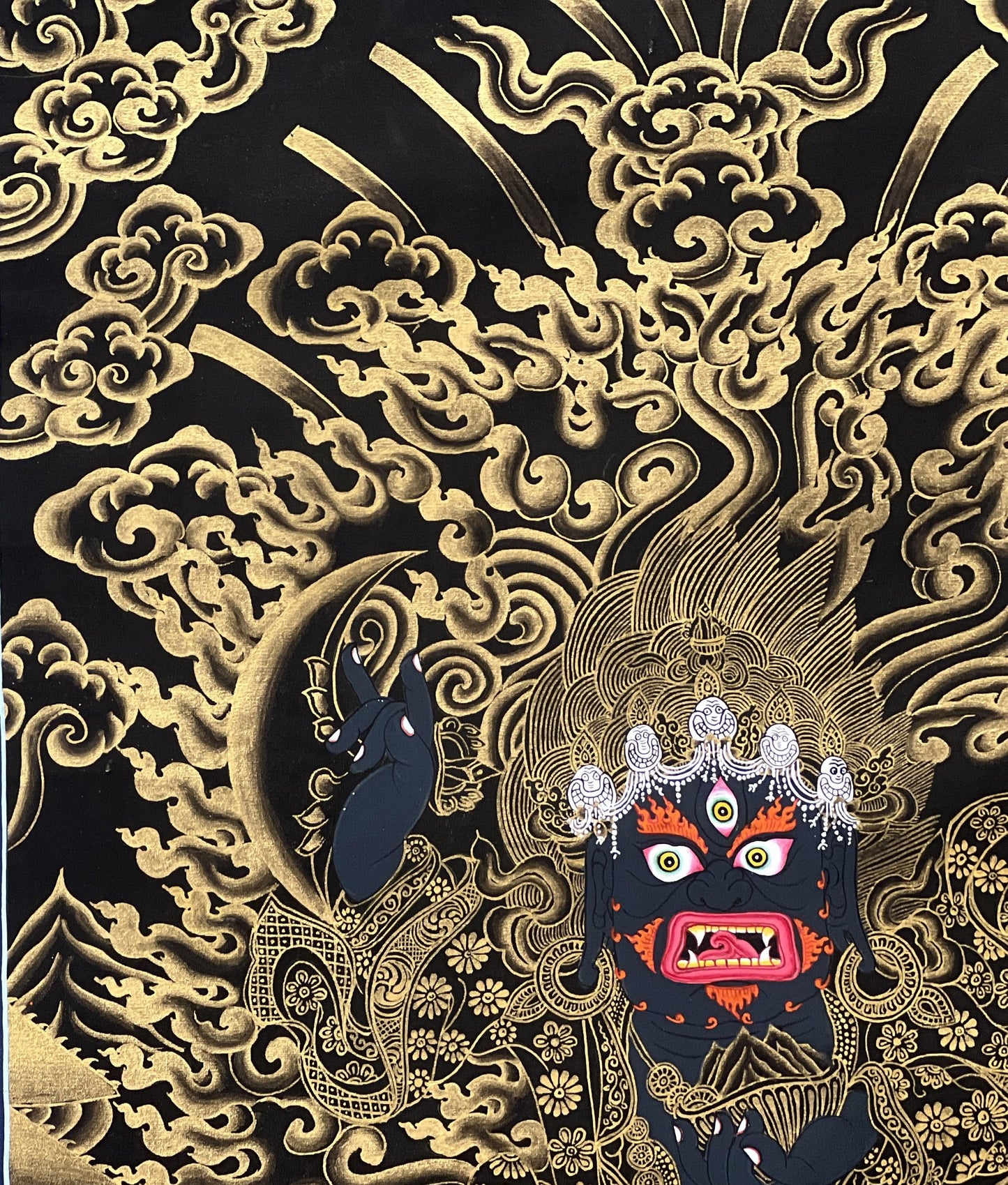 Hand-Painted Mahakala Thangka | Black & Gold Tibetan Art | Silk Brocade Frame | Dharma Defender Wall Hanging